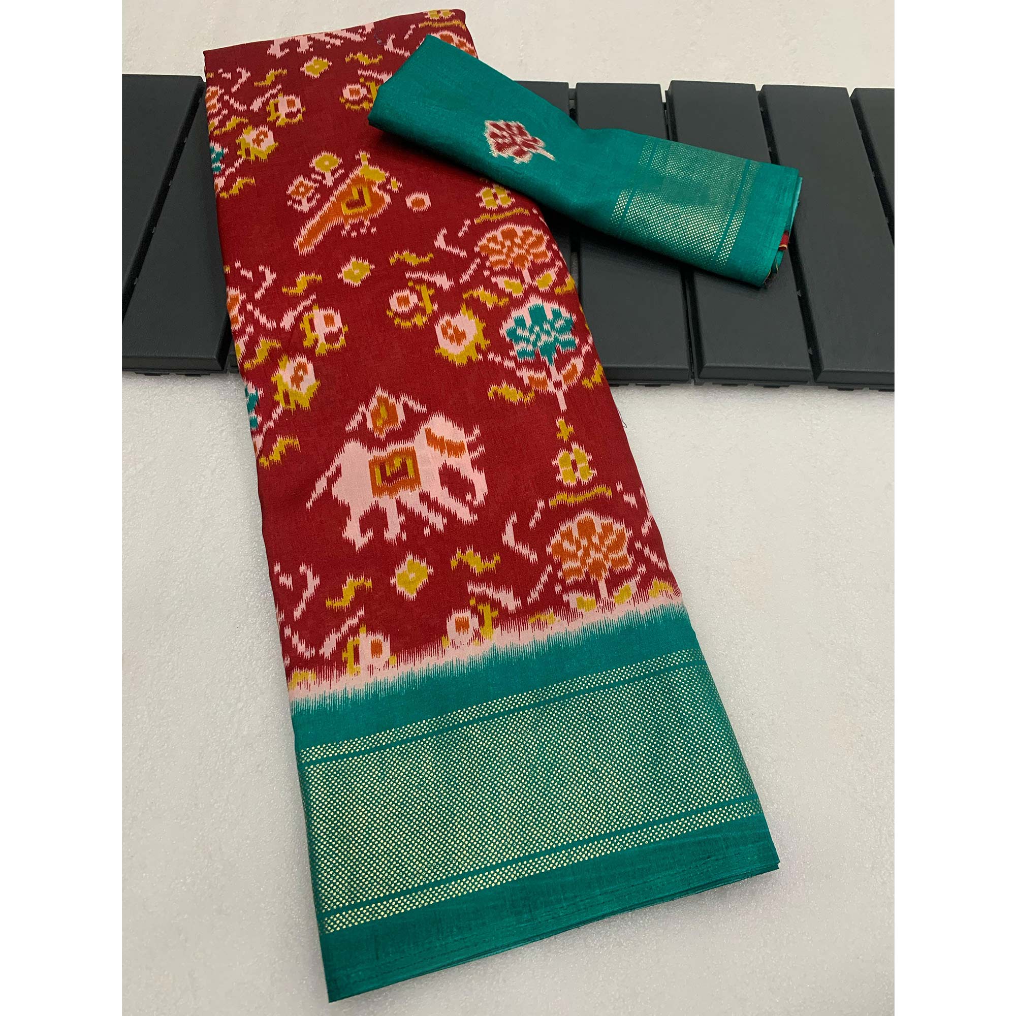 Red & Rama Blue Patola Printed Dola Silk Saree