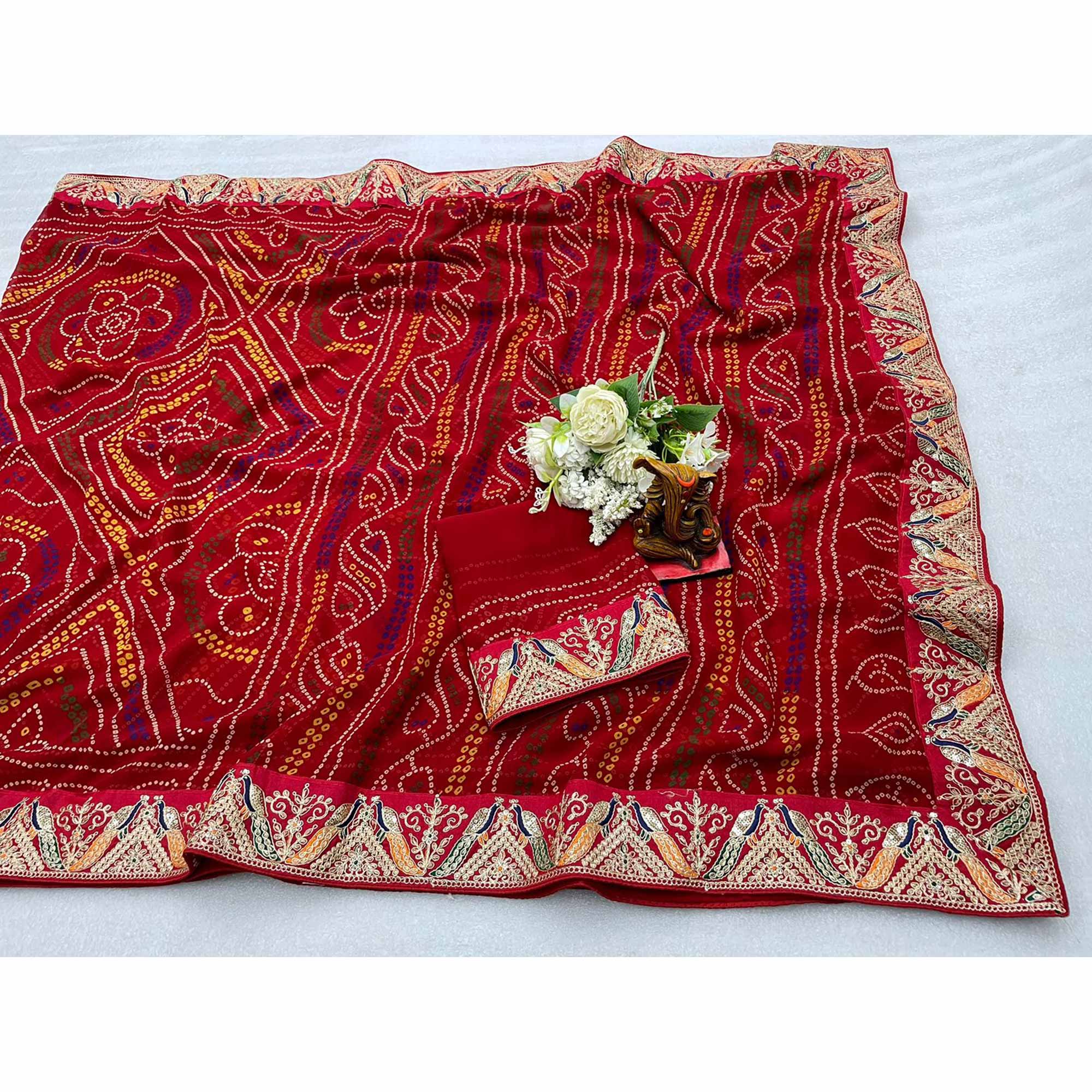 Red Bandhani Printed Georgette Saree