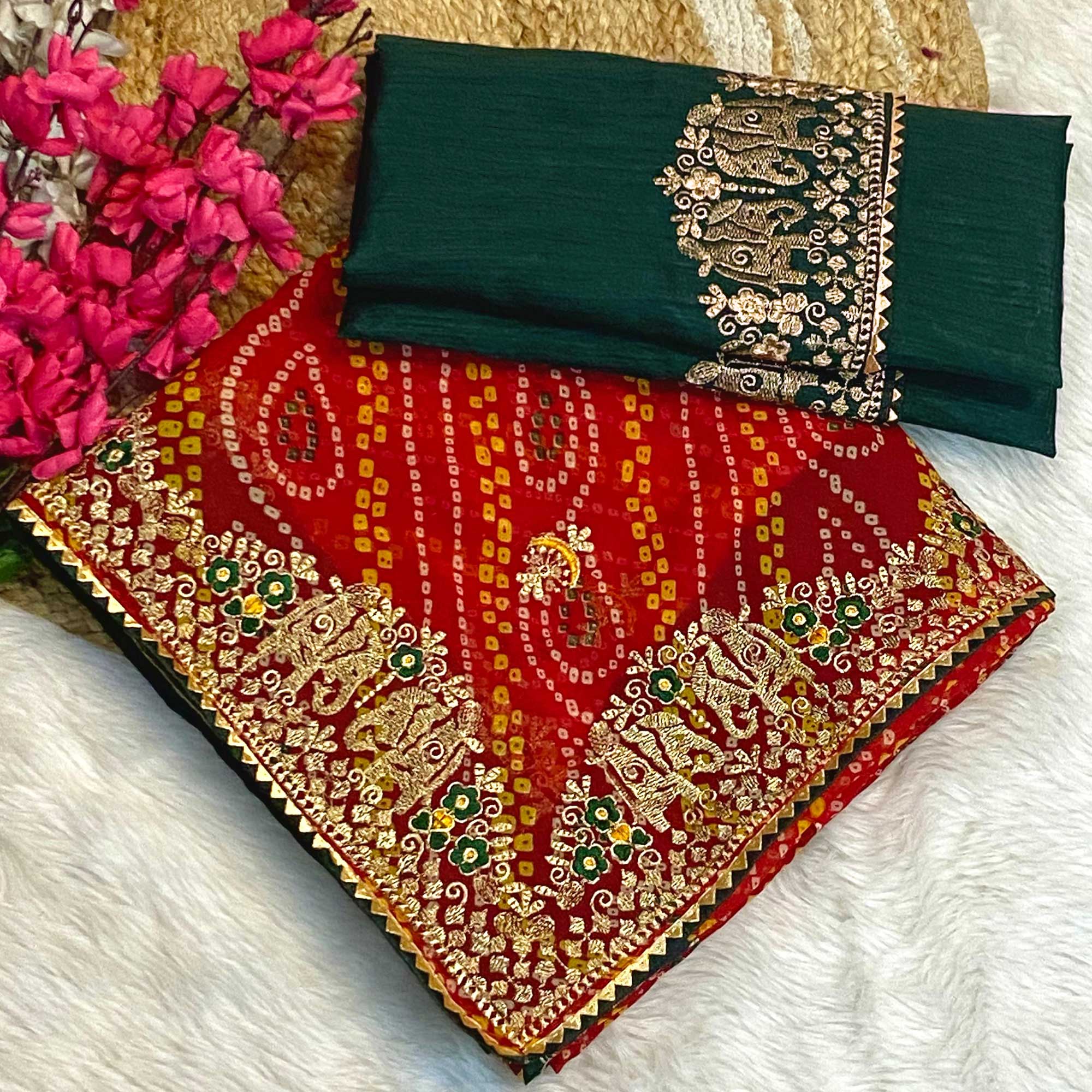 Red Bandhani Printed Georgette Saree With Embroidered Border