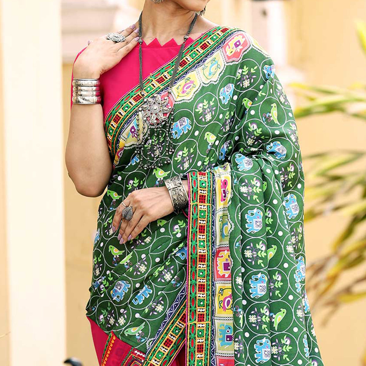 Pink & Green Patola Print With Embroidered Georgette Half & Half Saree