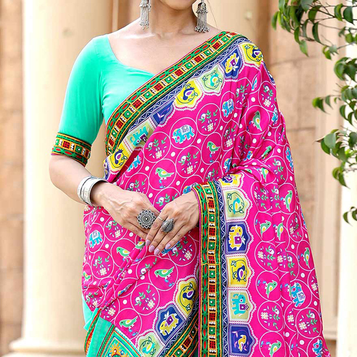 Turquoise & Pink Patola Print With Embroidered Georgette Half & Half Saree