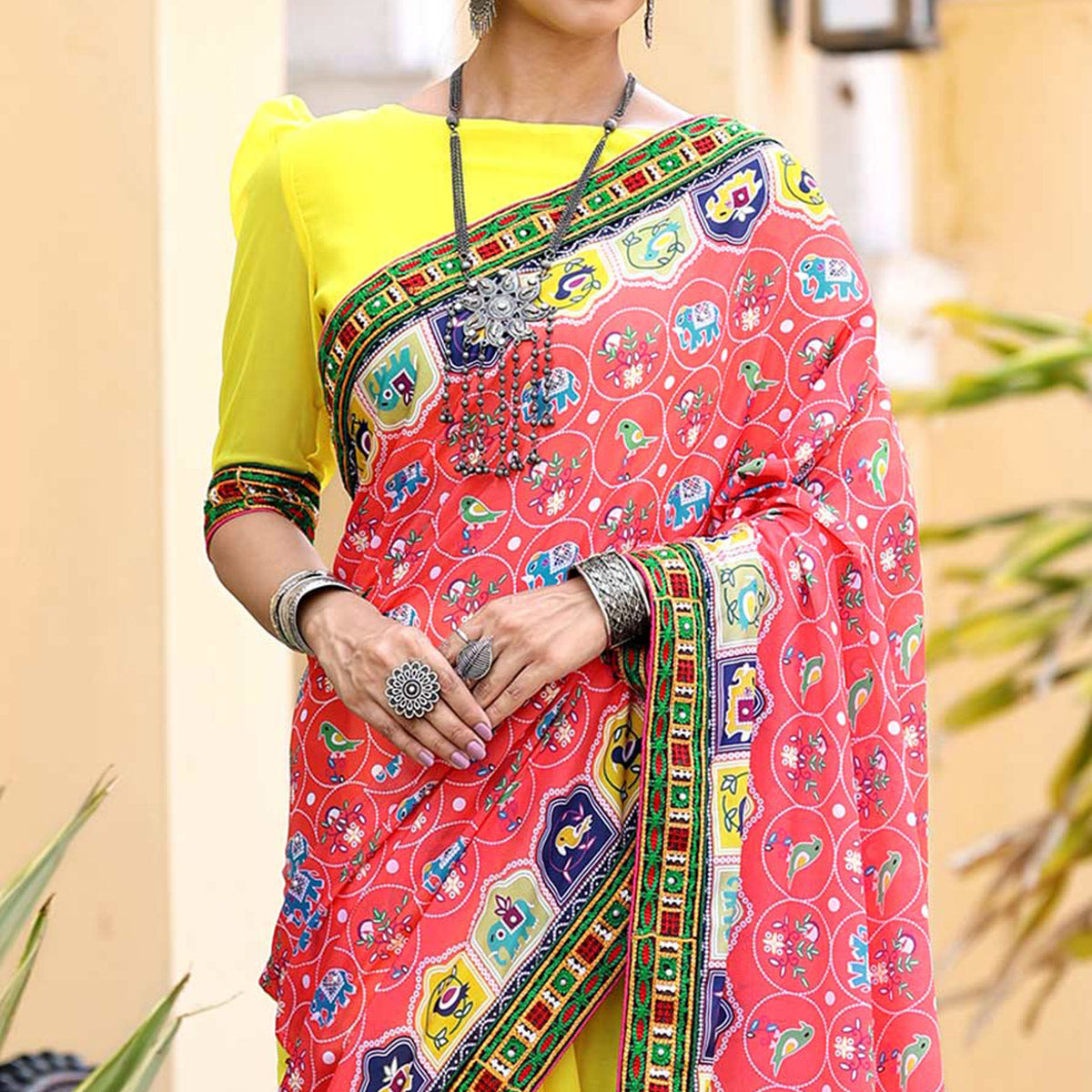 Yellow & Pink Patola Print With Embroidered Georgette Half & Half Saree