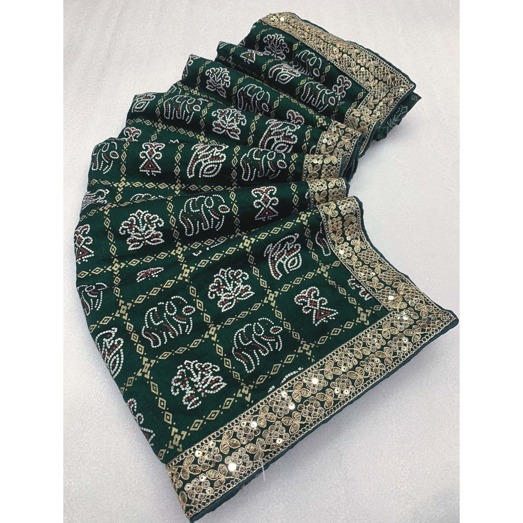 Green Bandhani Printed Vichitra Silk Saree