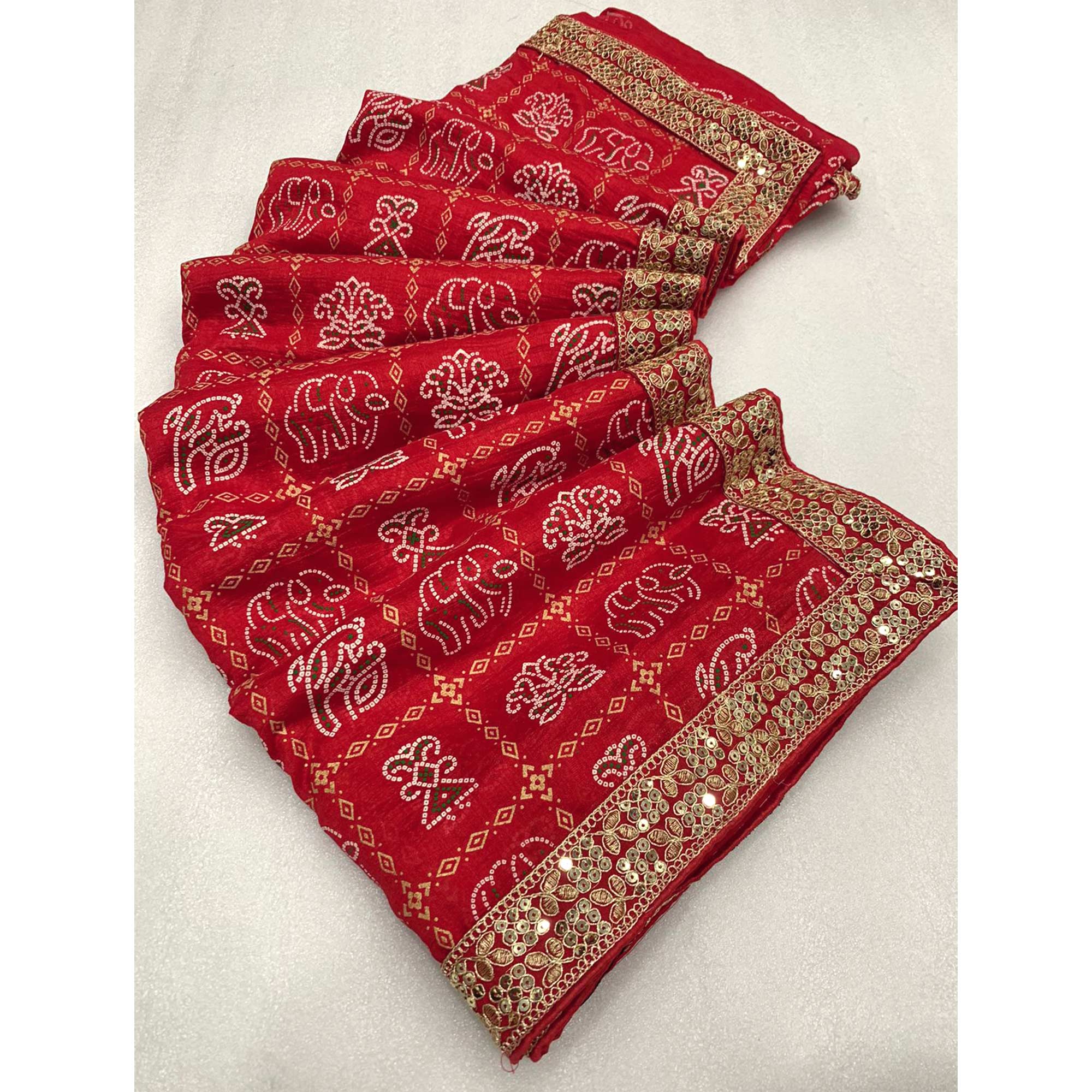 Red Bandhani Printed Vichitra Silk Saree