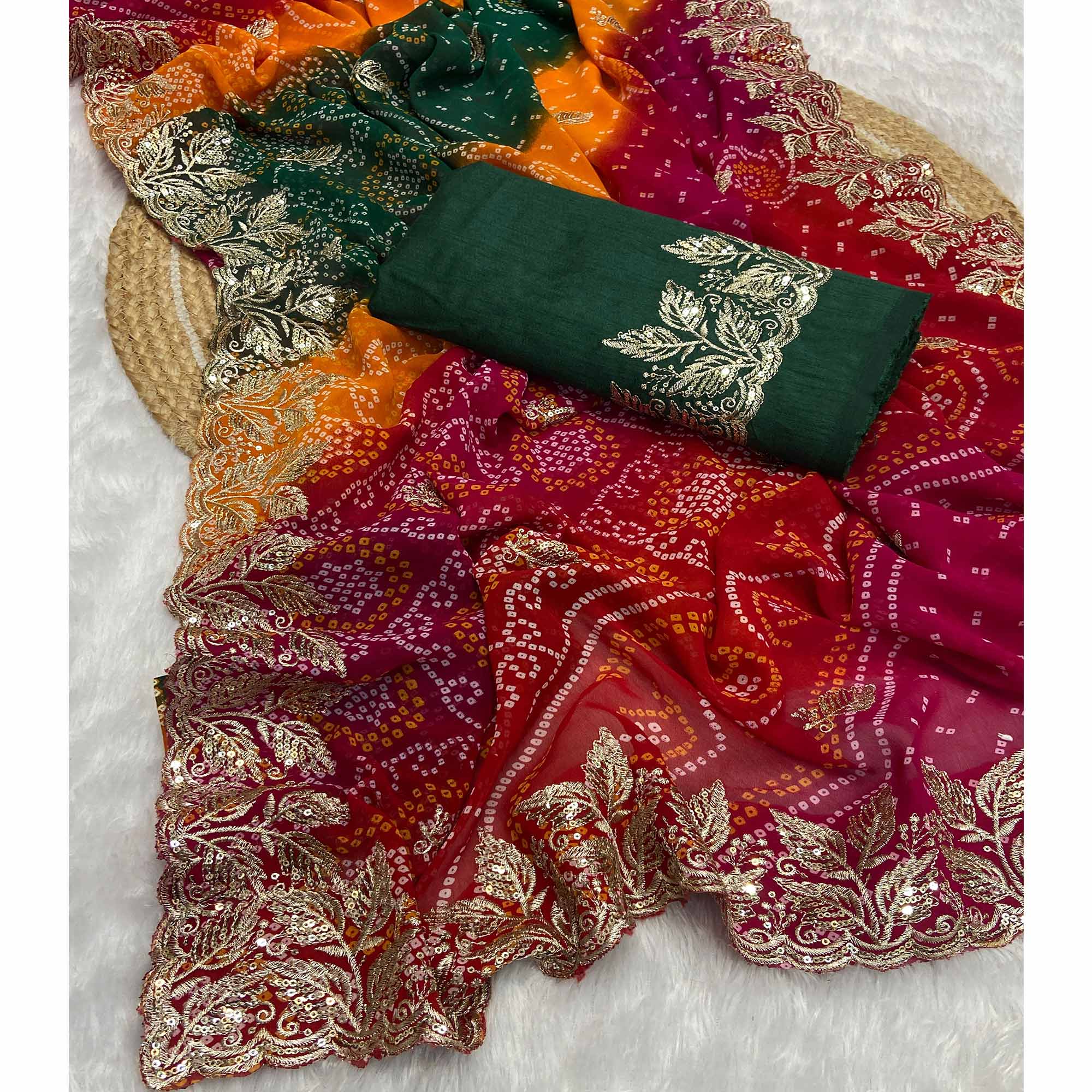 Multicolor Bandhani Georgette Saree Enhanced with Lavish Embroidered Border