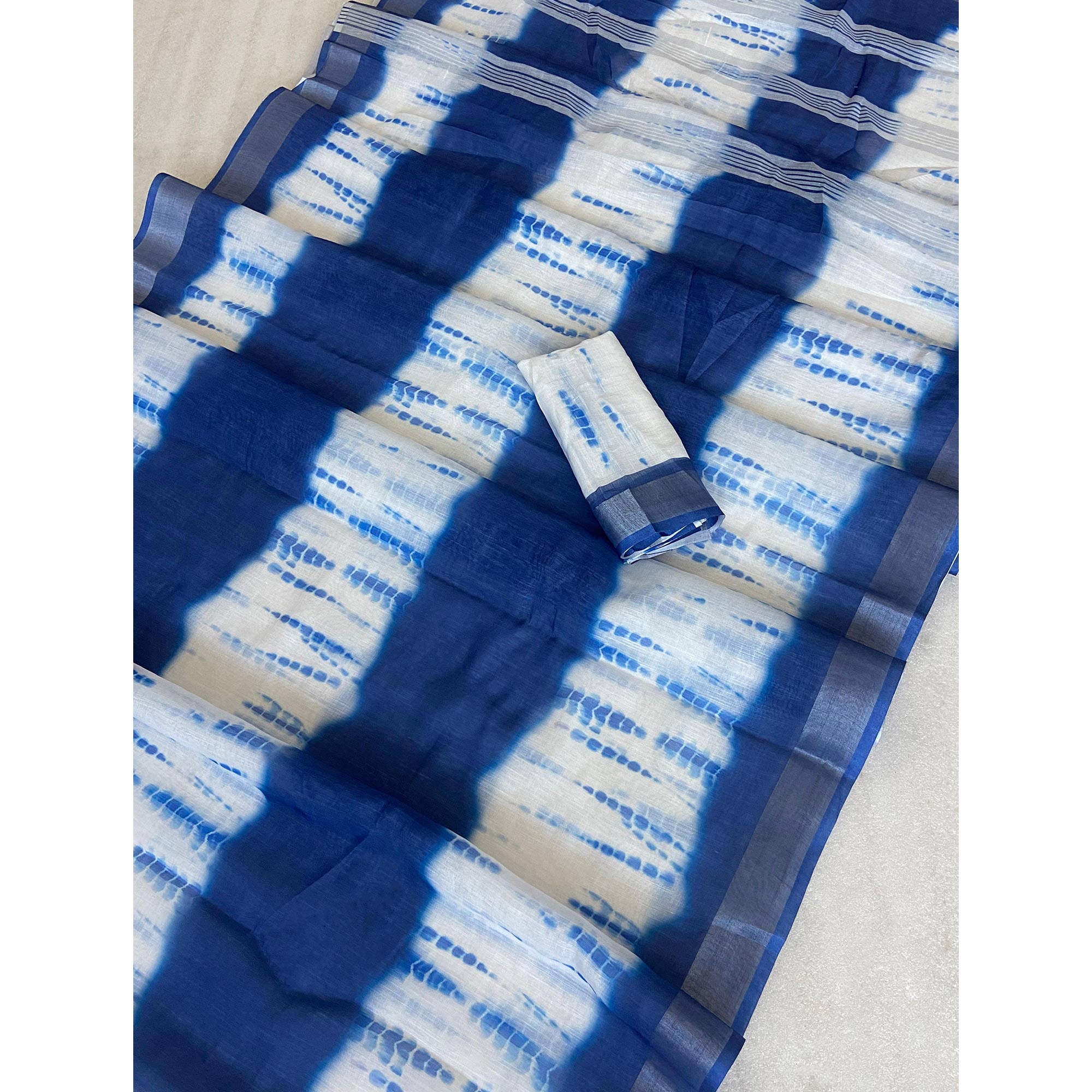 Blue Saburi Printed Linen Saree With Zari Border