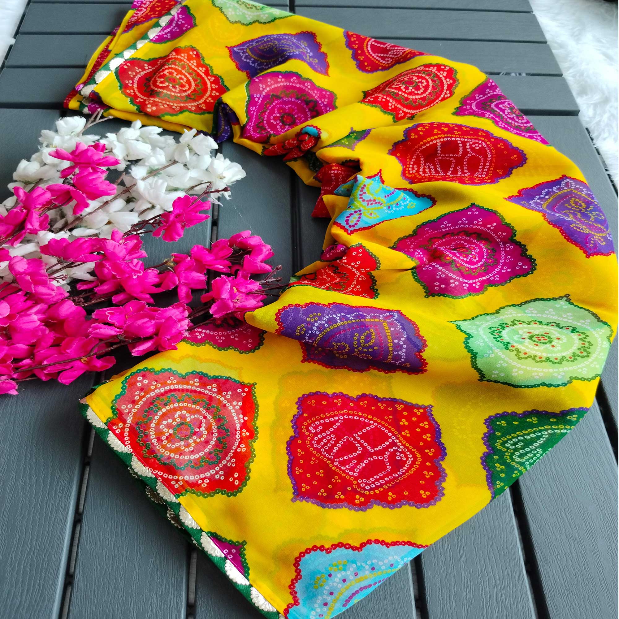 Yellow Georgette Saree with Traditional Bandhani Prints