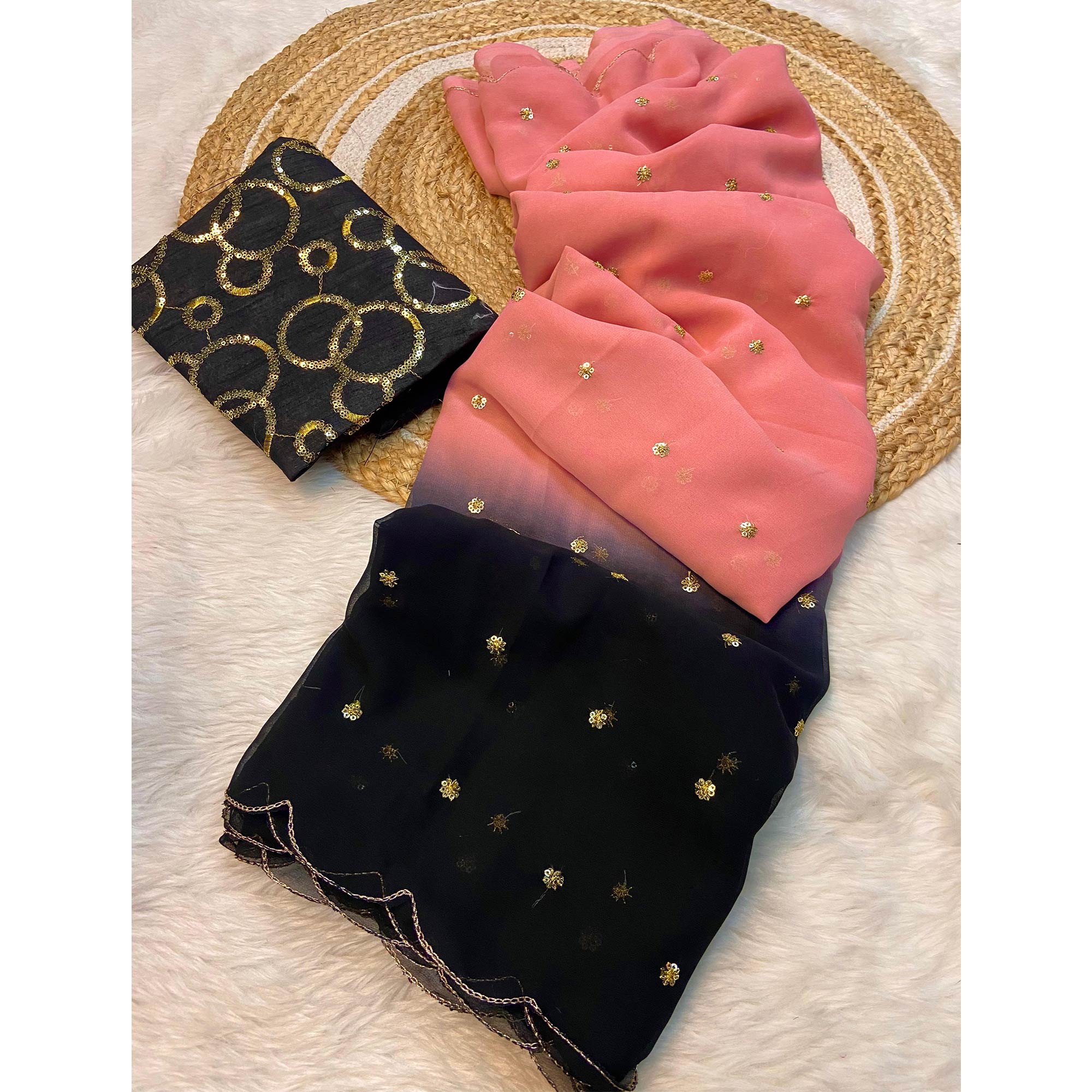 Peach & Black Sequins Embroidered Georgette Saree