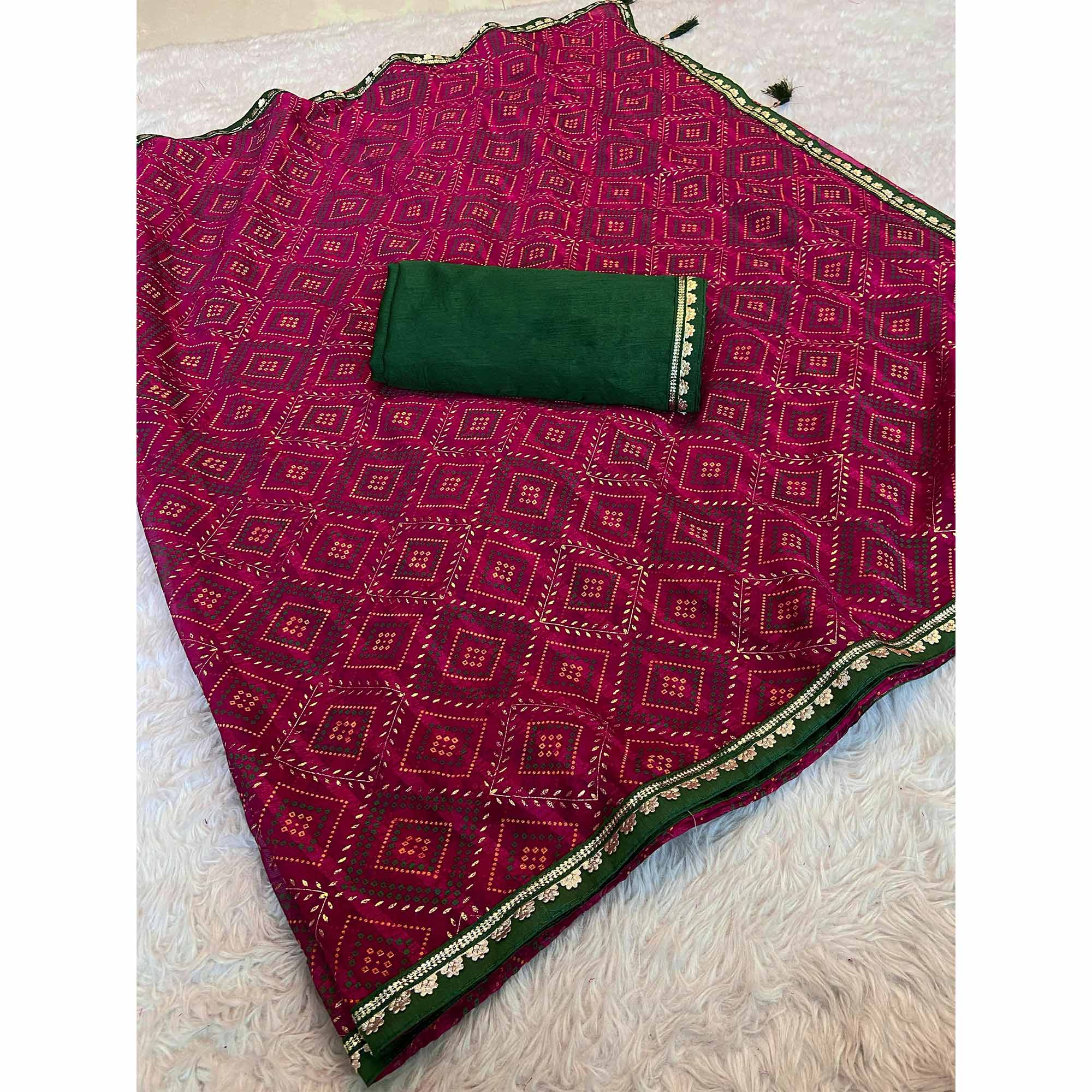 Pink Bandhani Foil Printed Chiffon Saree
