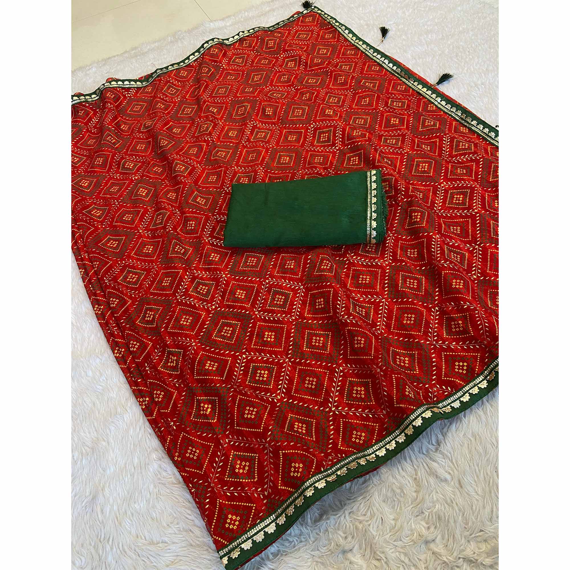Red Bandhani Foil Printed Chiffon Saree