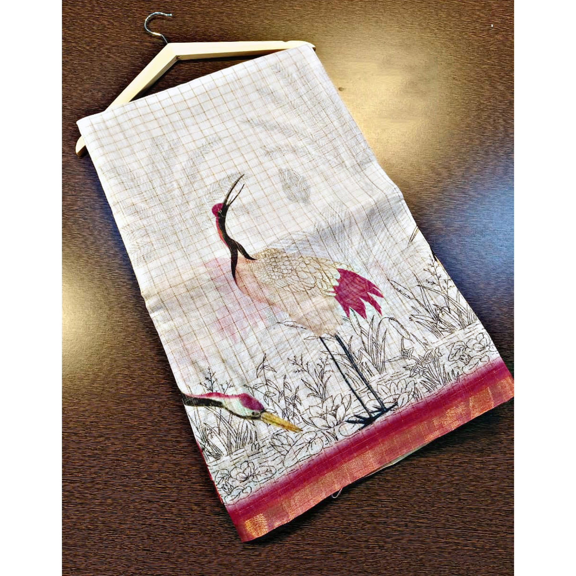 Off White and Pink Checkered Printed Linen Saree with a Breezy Feel