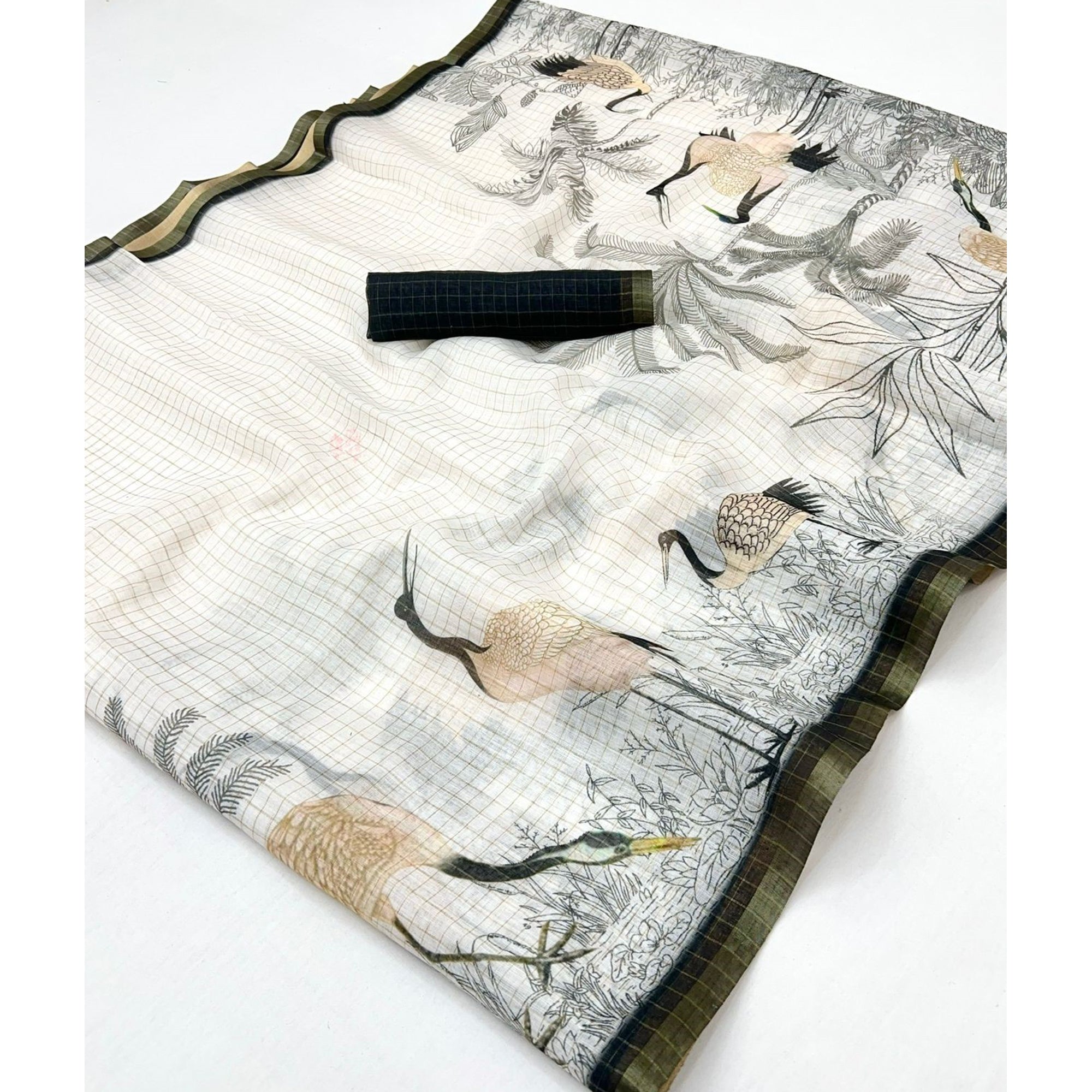 Off White and Black Checkered Printed Linen Saree with a Breezy Feel