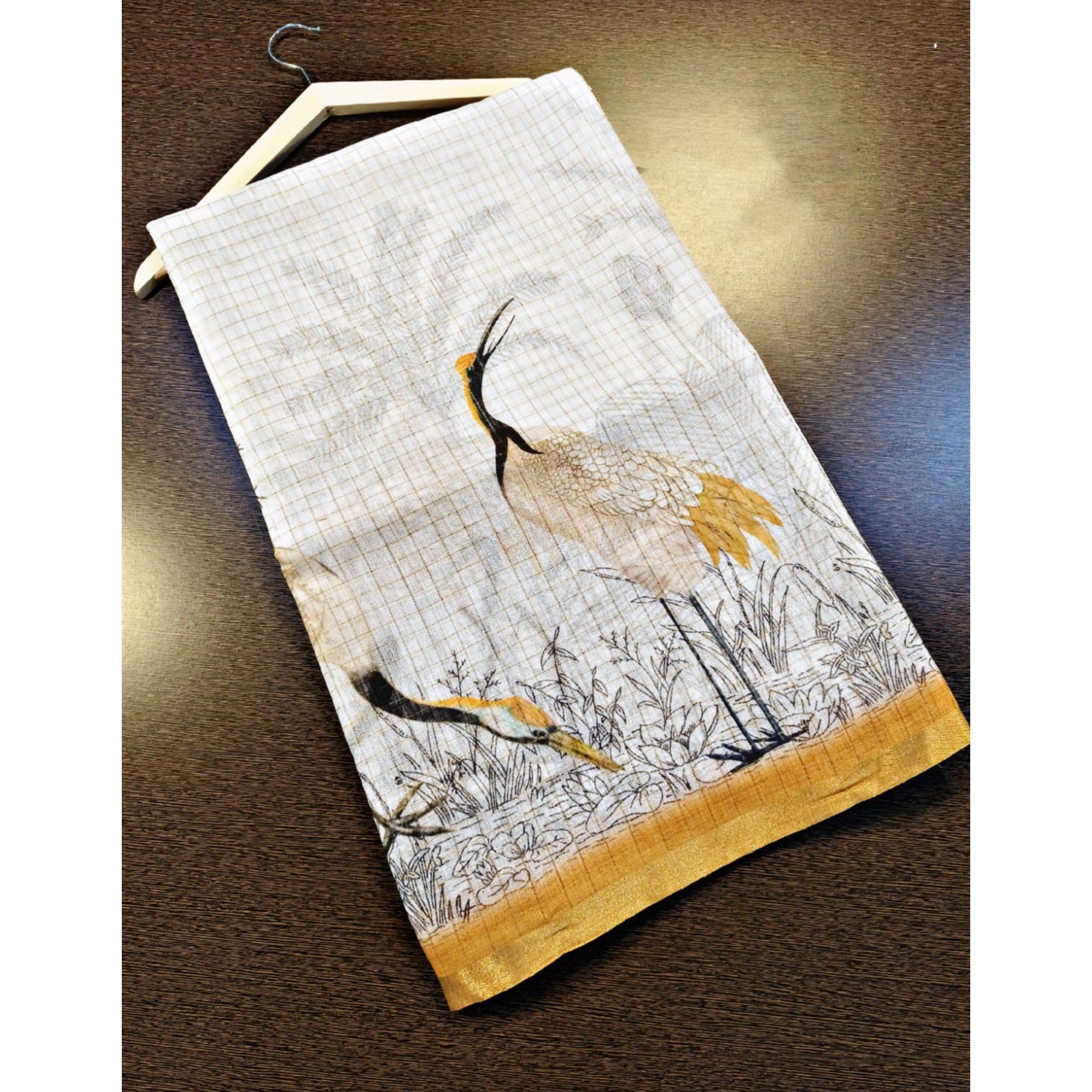 Off White and Mustard Checkered Printed Linen Saree with a Breezy Feel