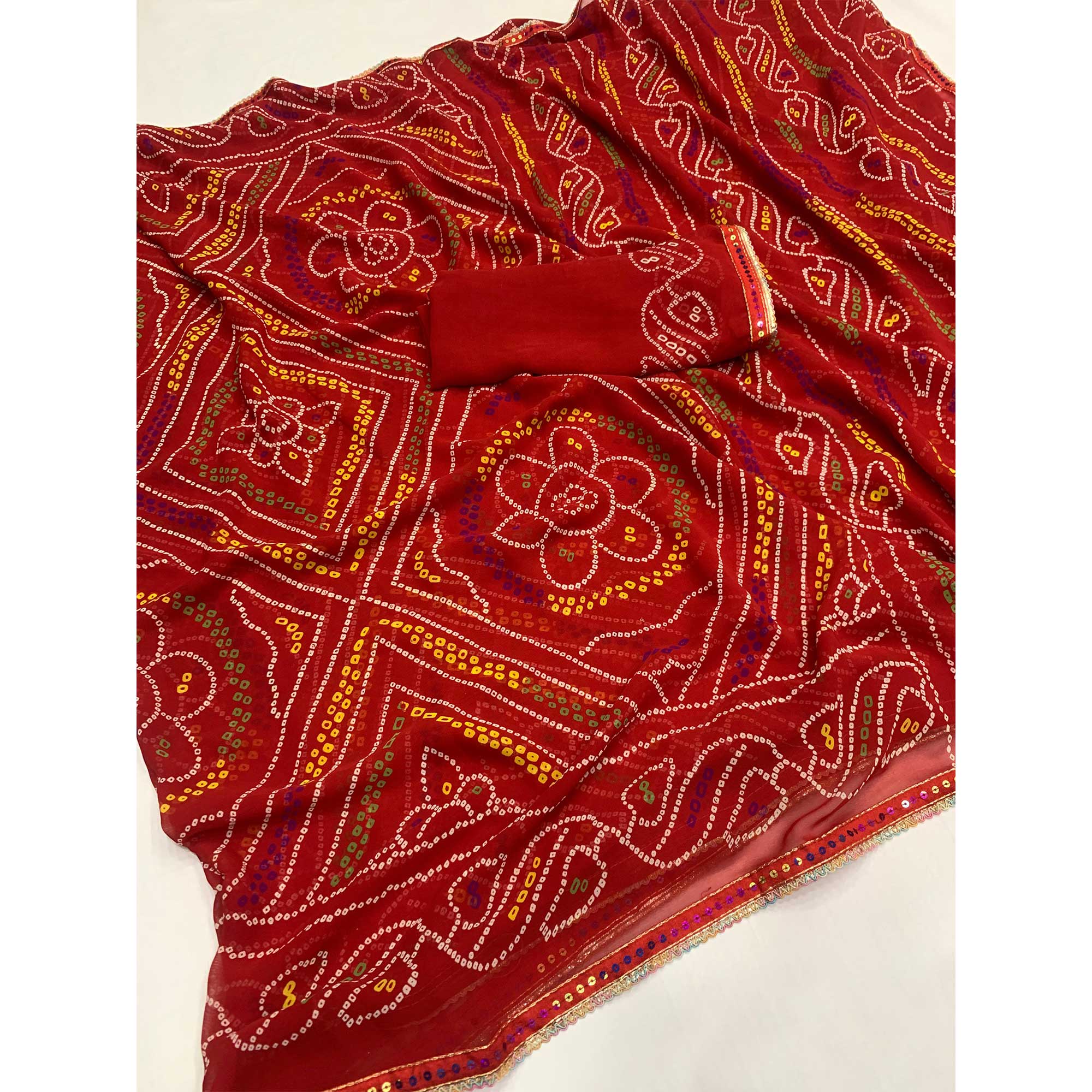Red Bandhani Printed Georgette Saree