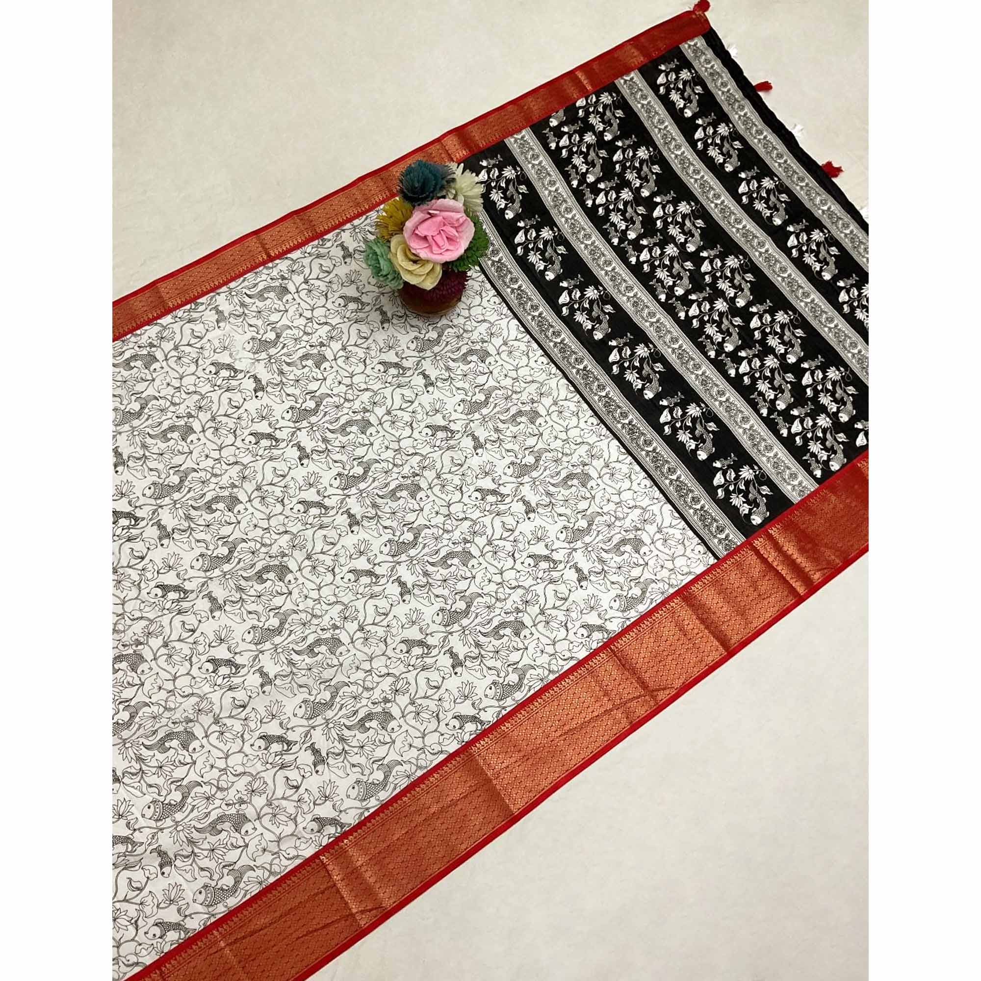 Offwhite & Red Floral Printed Dola Silk Saree With Intricate Woven Border