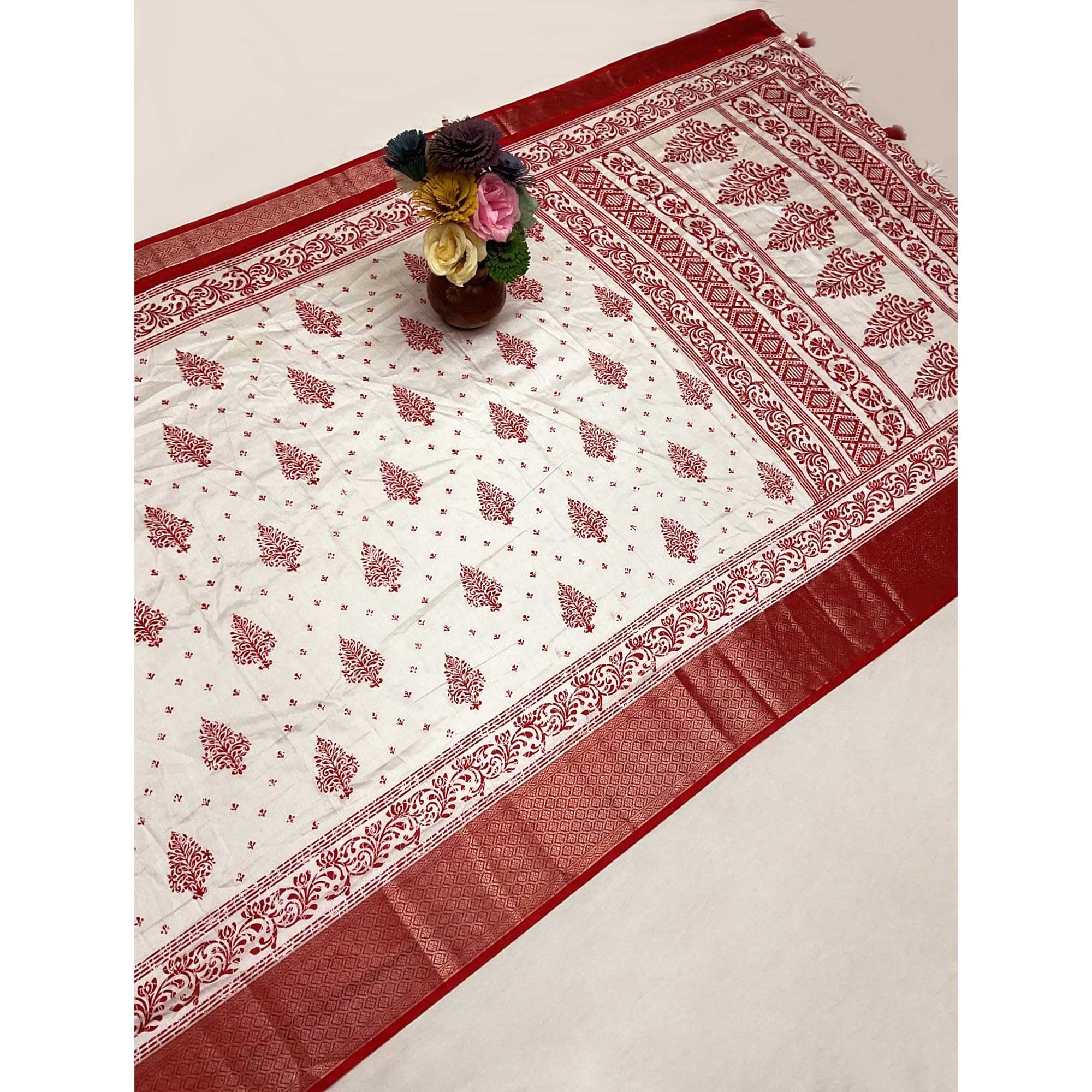 Offwhite & Red Floral Printed Dola Silk Saree With Intricate Woven Border
