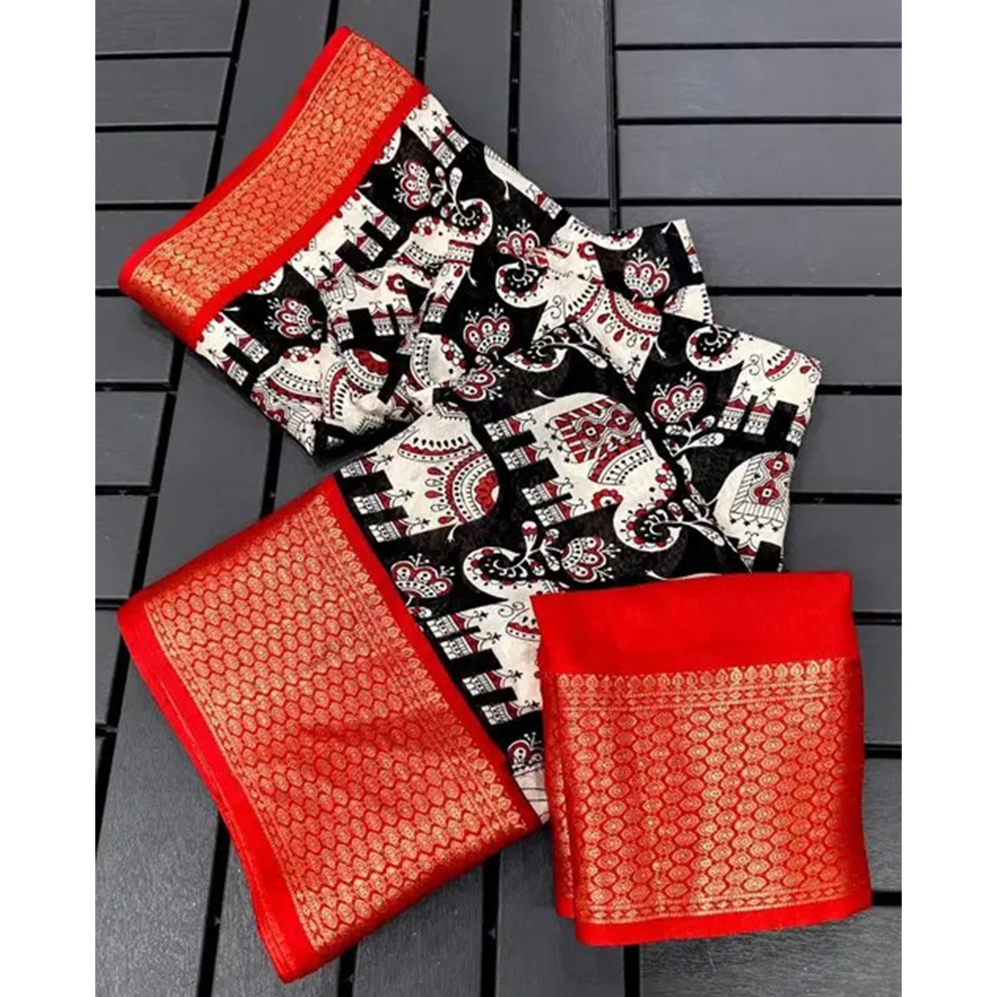 Black & Red Floral Printed Dola Silk Saree With Woven Border