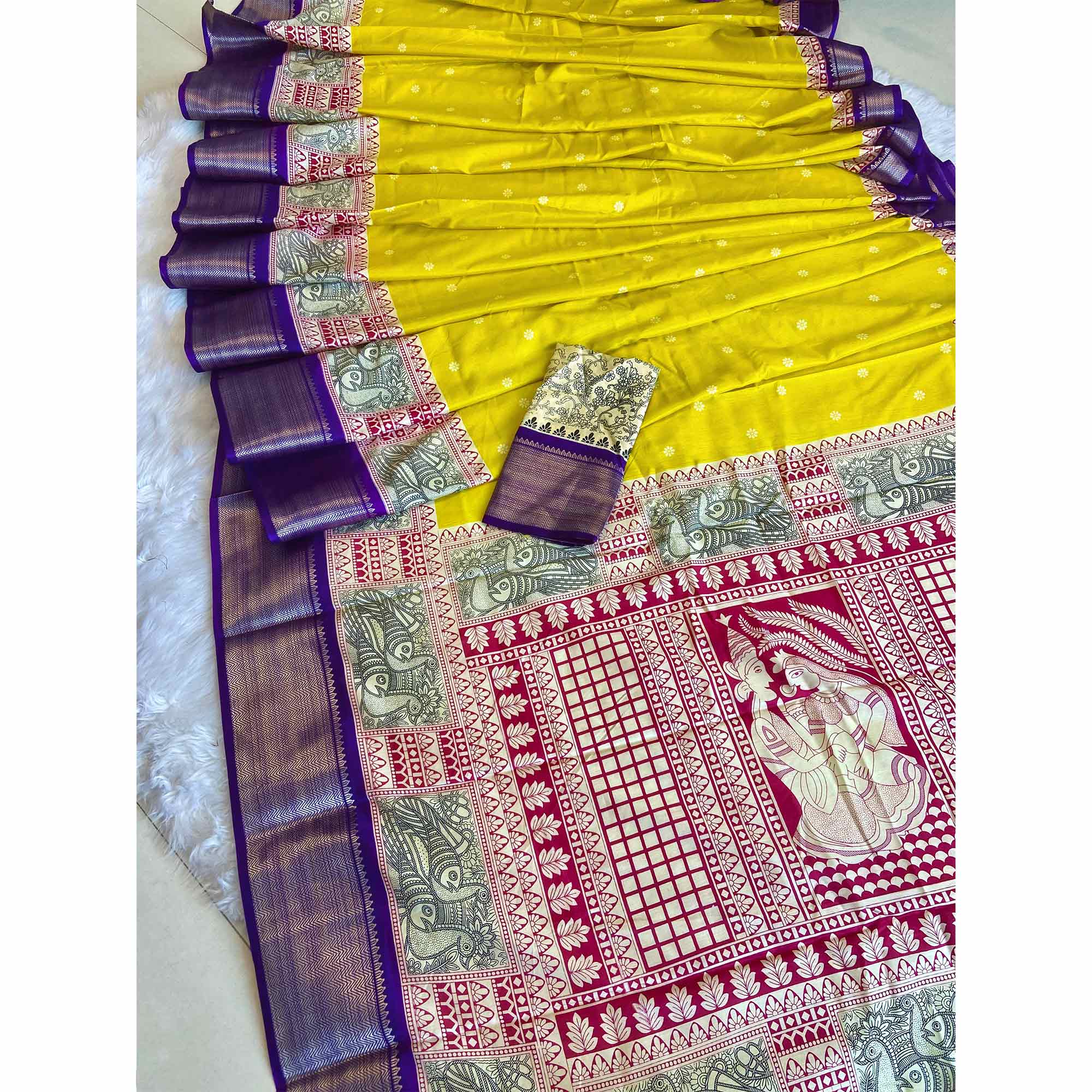 Lemon Yellow & Purple Floral Printed Dola Silk Saree With Woven Border