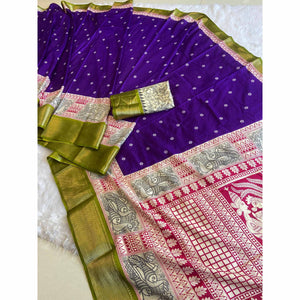 Purple & Green Floral Printed Dola Silk Saree With Woven Border
