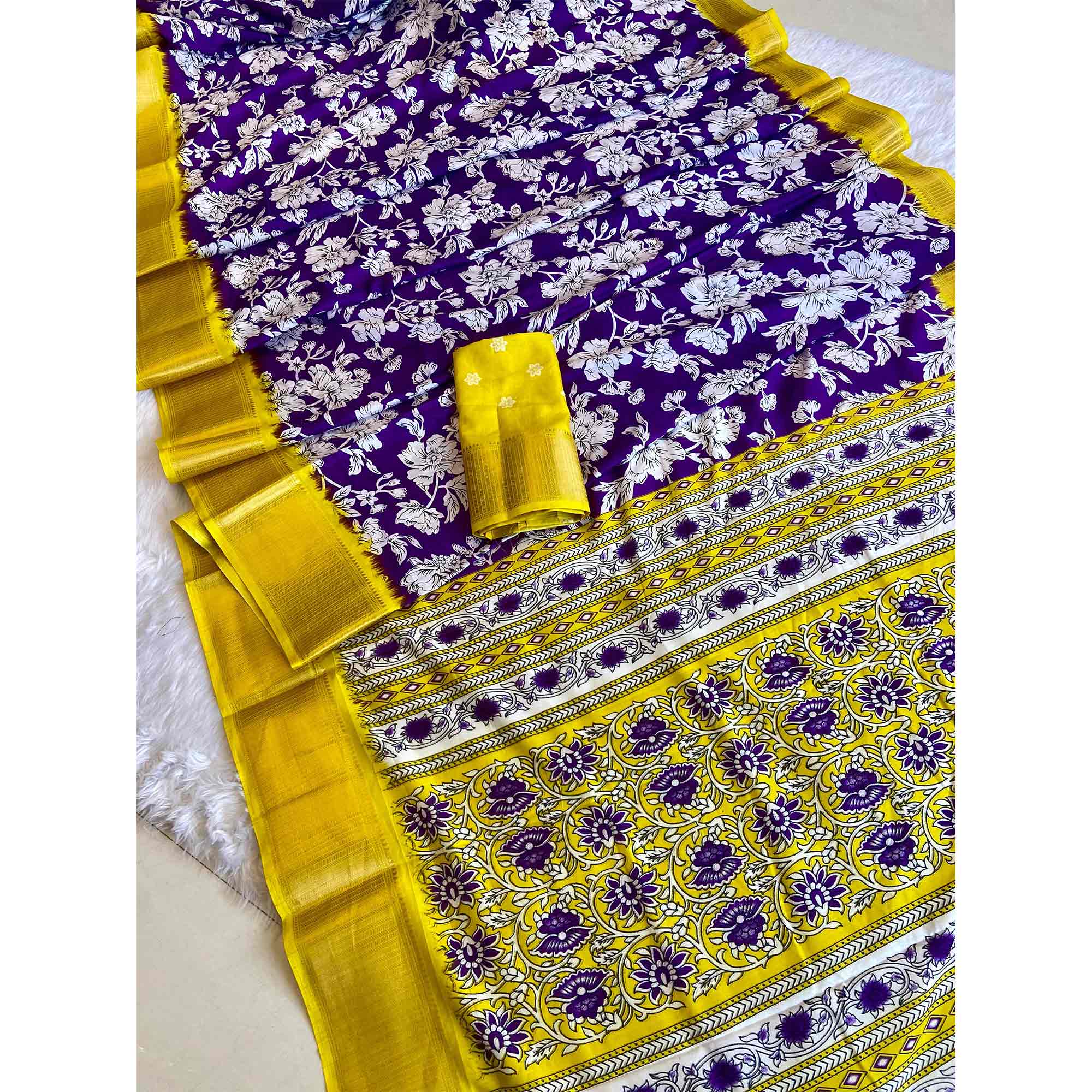 Purple & Yellow Floral Printed Dola Silk Saree With Woven Border