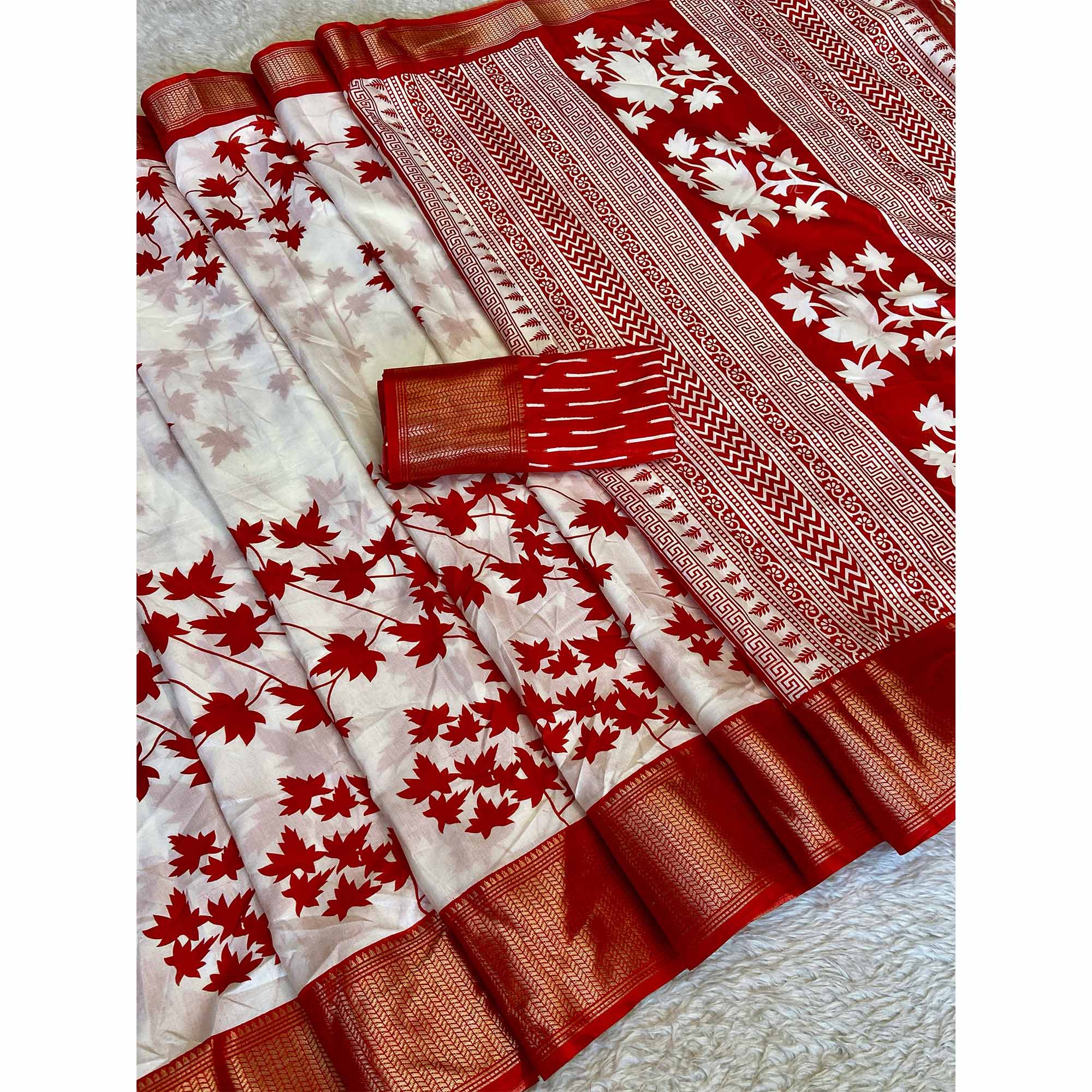 Red Geometric Printed Dola Silk Saree With Woven Border