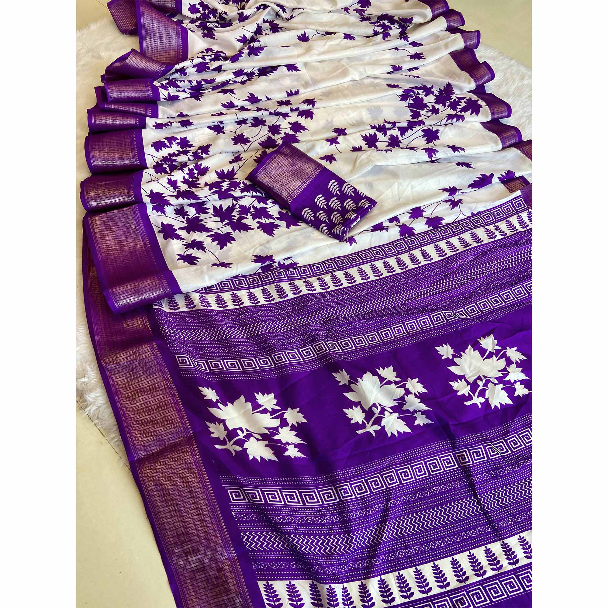 White & Purple Floral Printed Dola Silk Saree With Woven Border