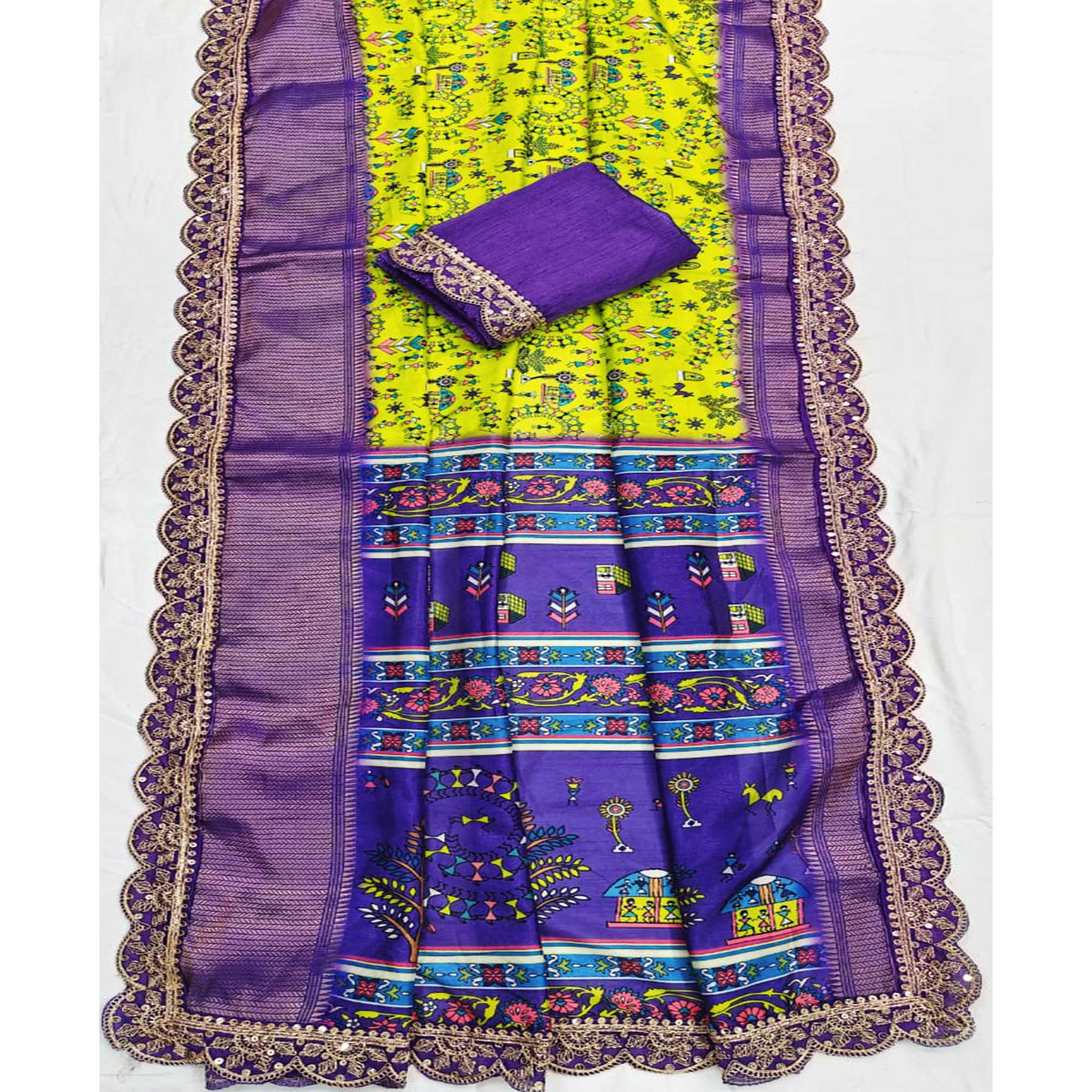 Green Warli Printed Dola Silk Saree With Zari Border