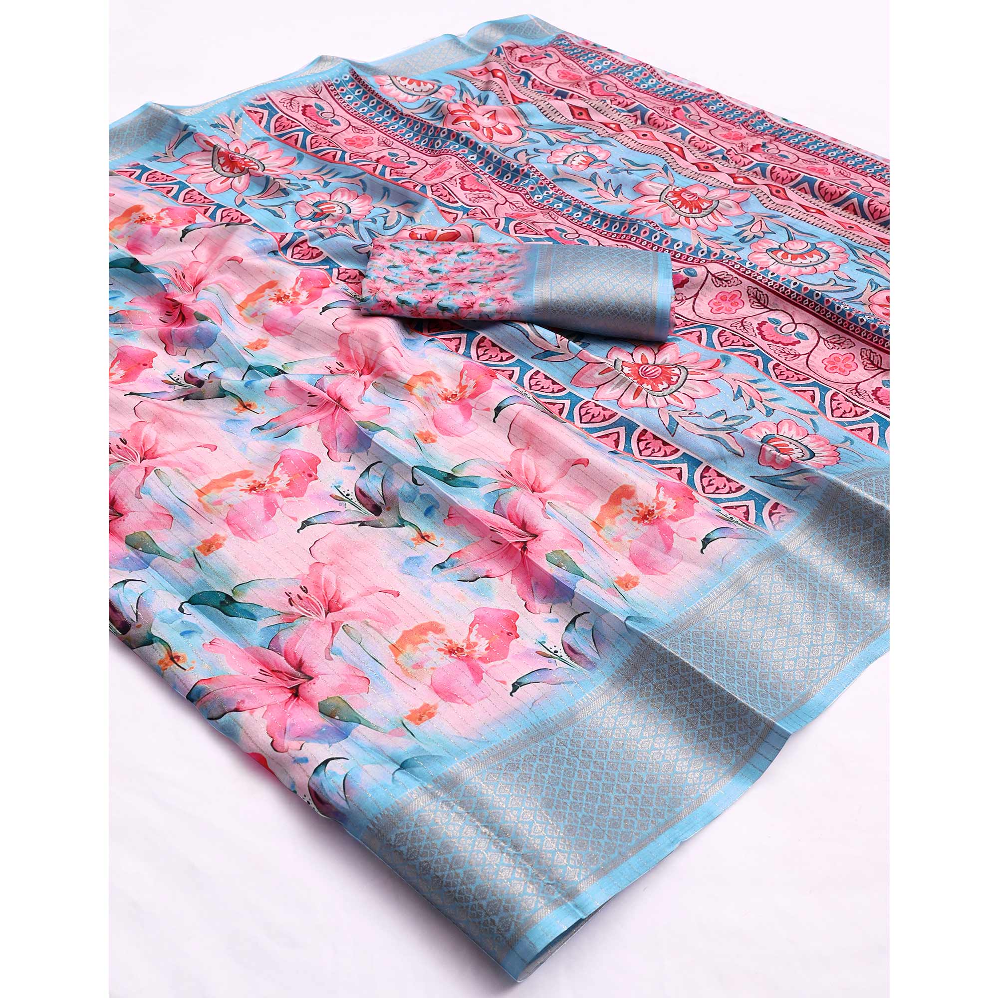 Pink & Blue Floral Printed Dola Silk Saree With Elegant Silver Zari & Intricate Weaving Border