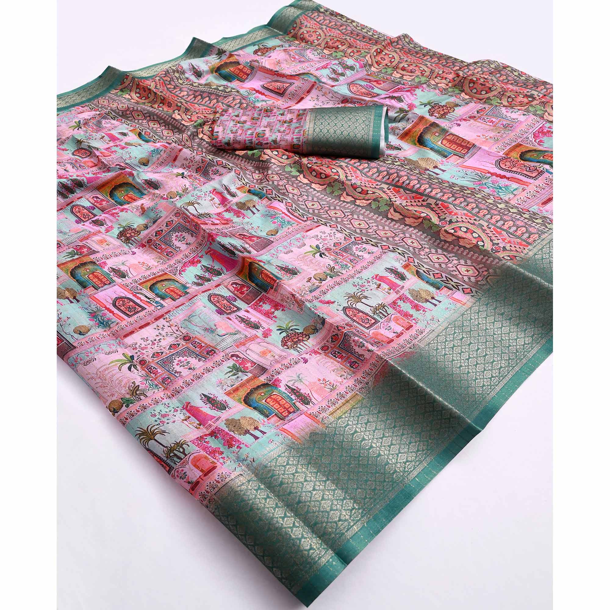 Pink & Green Printed Dola Silk Saree With Elegant Silver Zari & Intricate Weaving Border