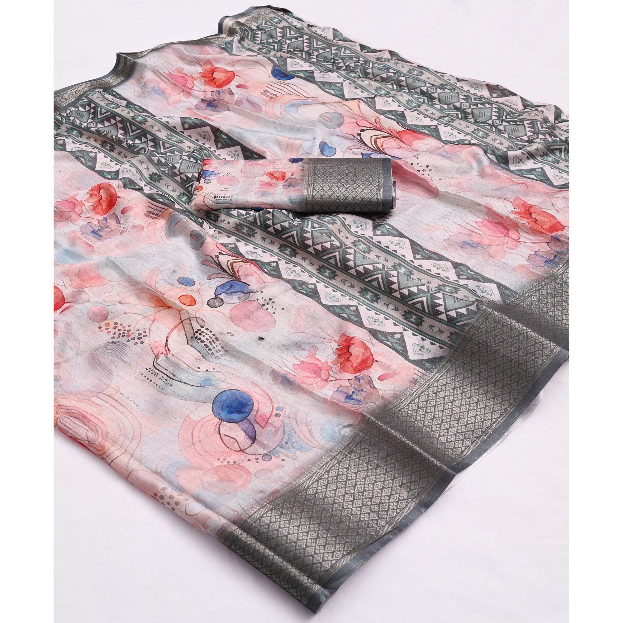 Pink & Grey Floral Printed Dola Silk Saree With Elegant Silver Zari & Intricate Weaving Border