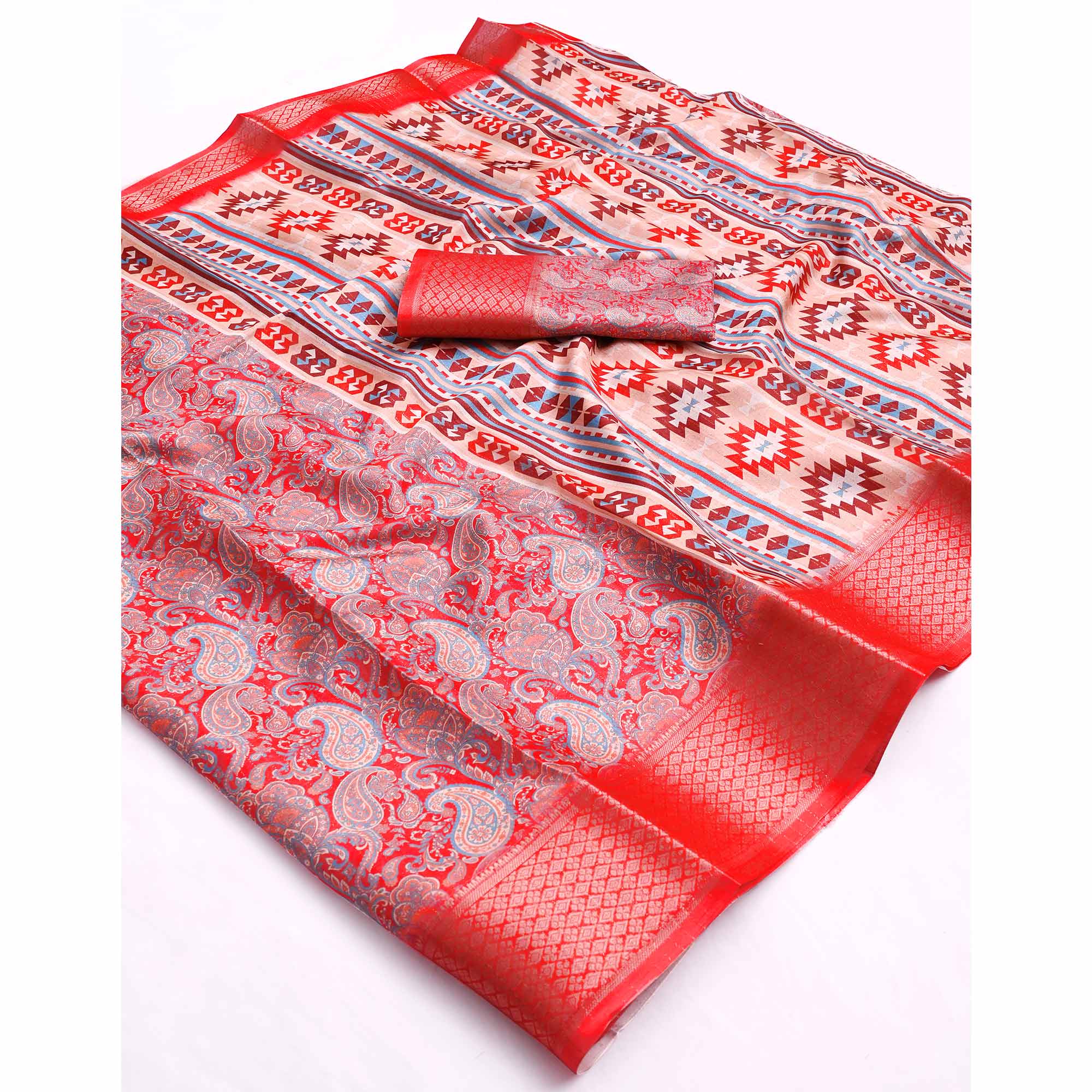 Red Paisley Printed Dola Silk Saree With Elegant Silver Zari & Intricate Weaving Border