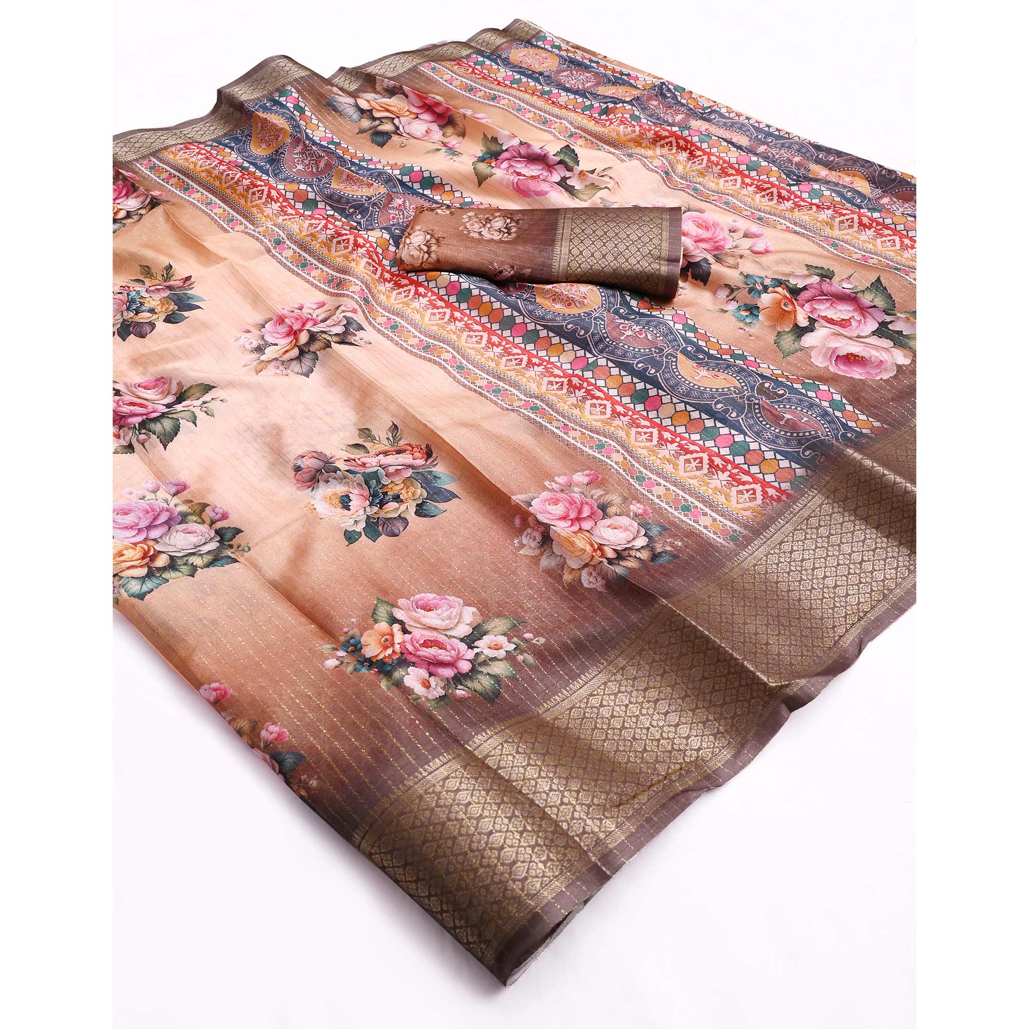 Brown Floral Printed Dola Silk Saree With Elegant Silver Zari & Intricate Weaving Border