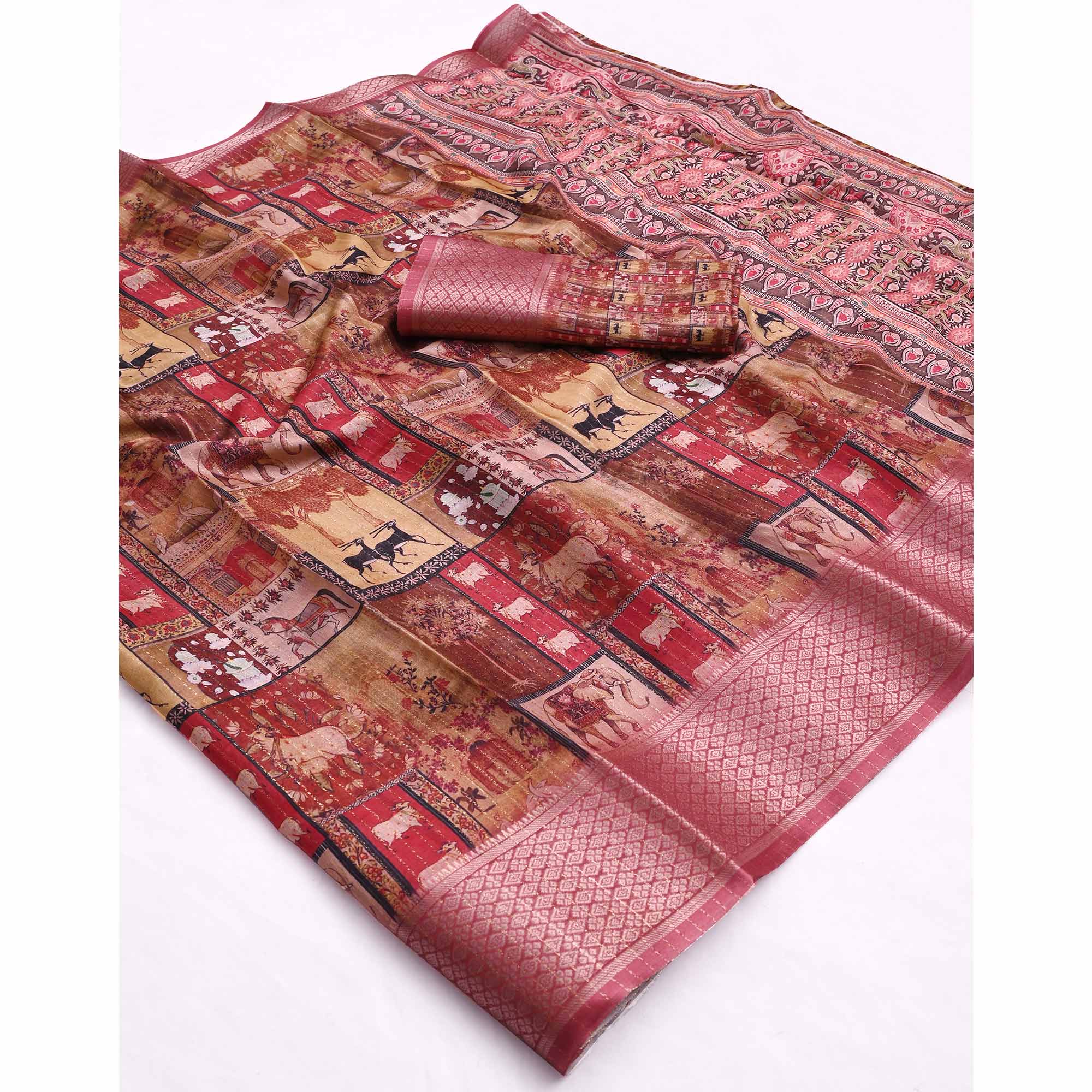 Multicolor Printed Dola Silk Saree With Elegant Silver Zari & Intricate Weaving Border