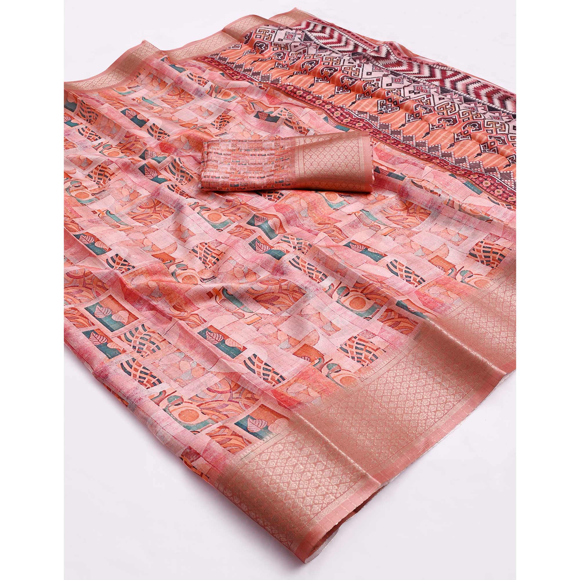 Light Peach Geometric Printed Dola Silk Saree With Elegant Silver Zari & Intricate Weaving Border