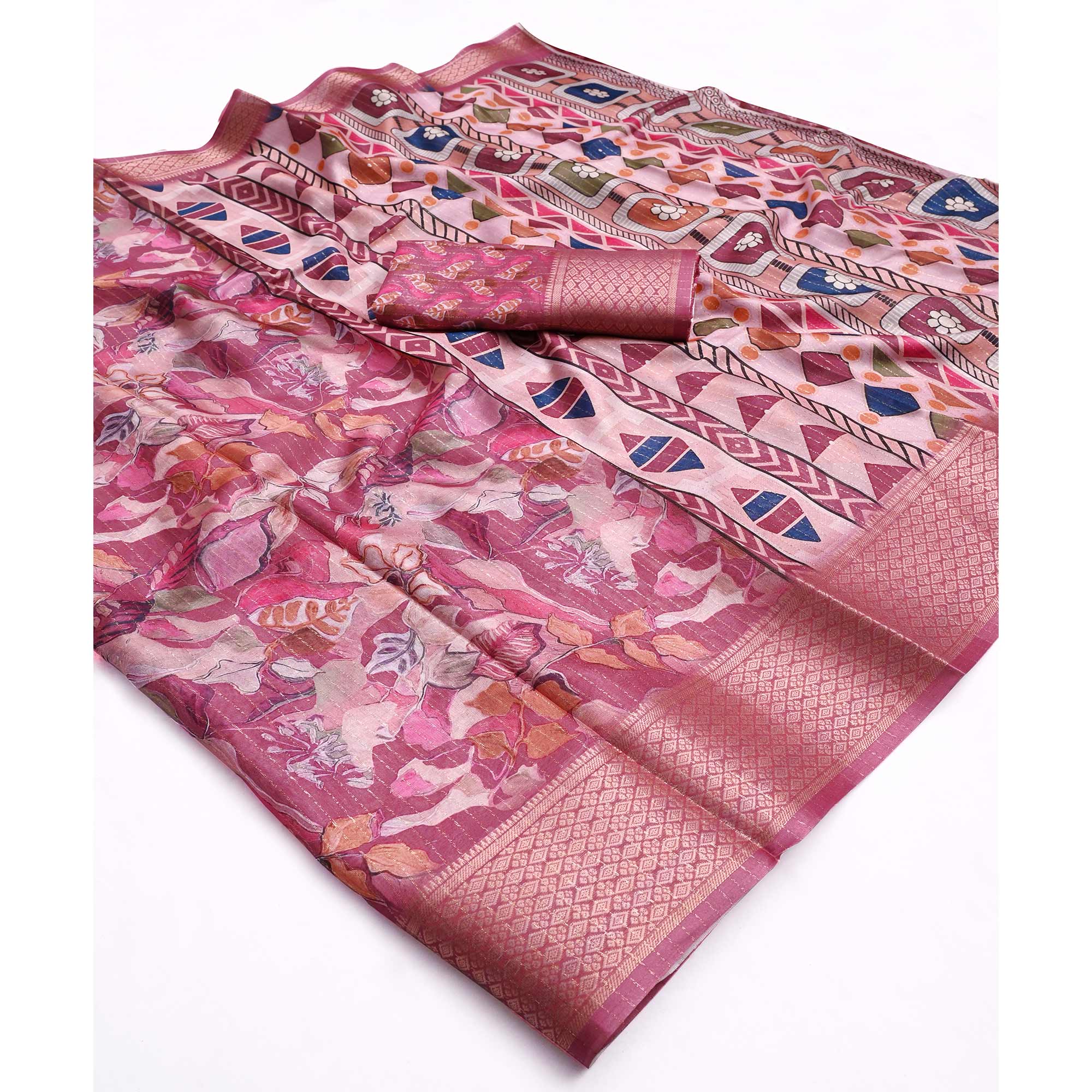 Onion Pink Floral Printed Dola Silk Saree With Elegant Silver Zari & Intricate Weaving Border