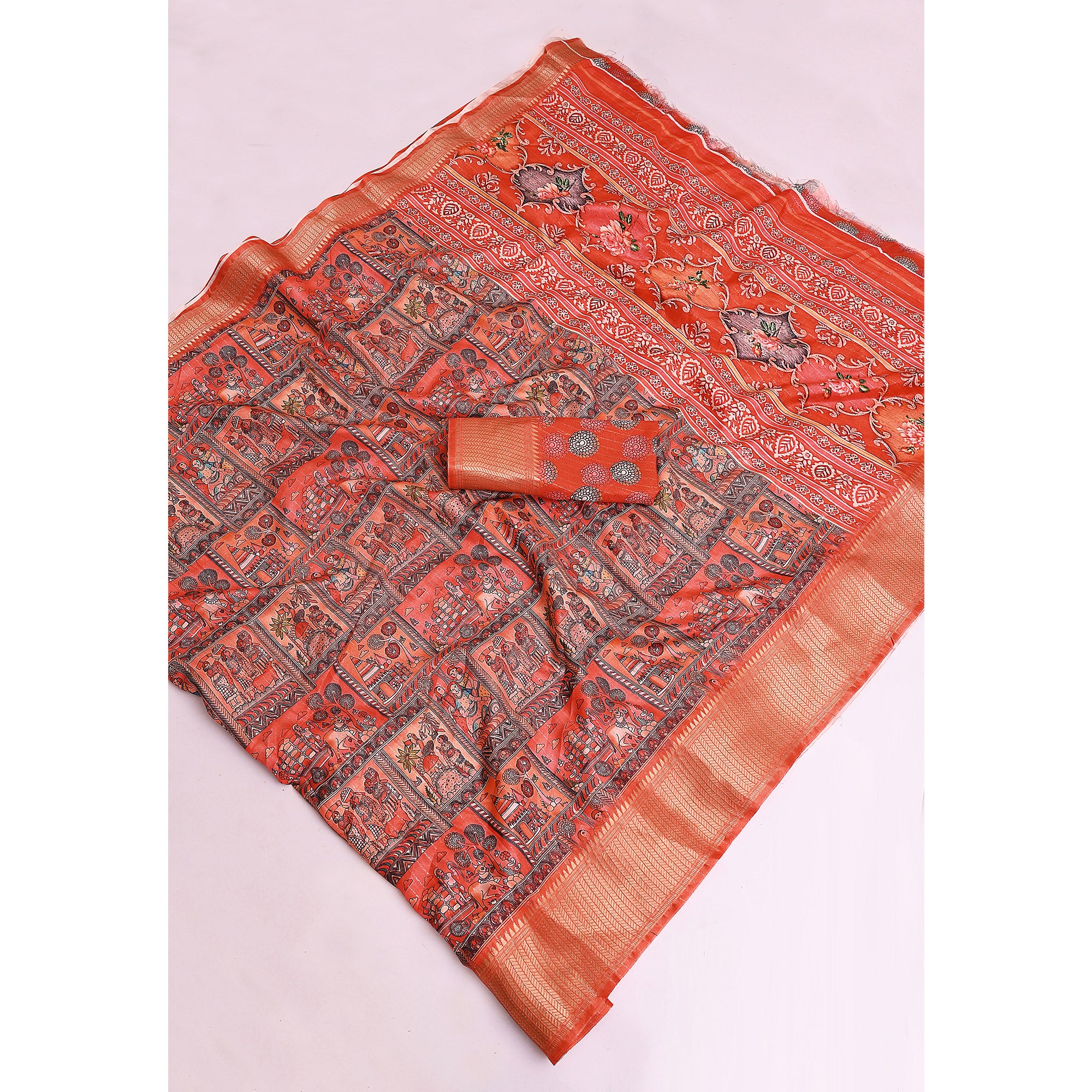 Orange Floral Printed Dola Silk Saree With Elegant Silver Zari & Intricate Weaving Border