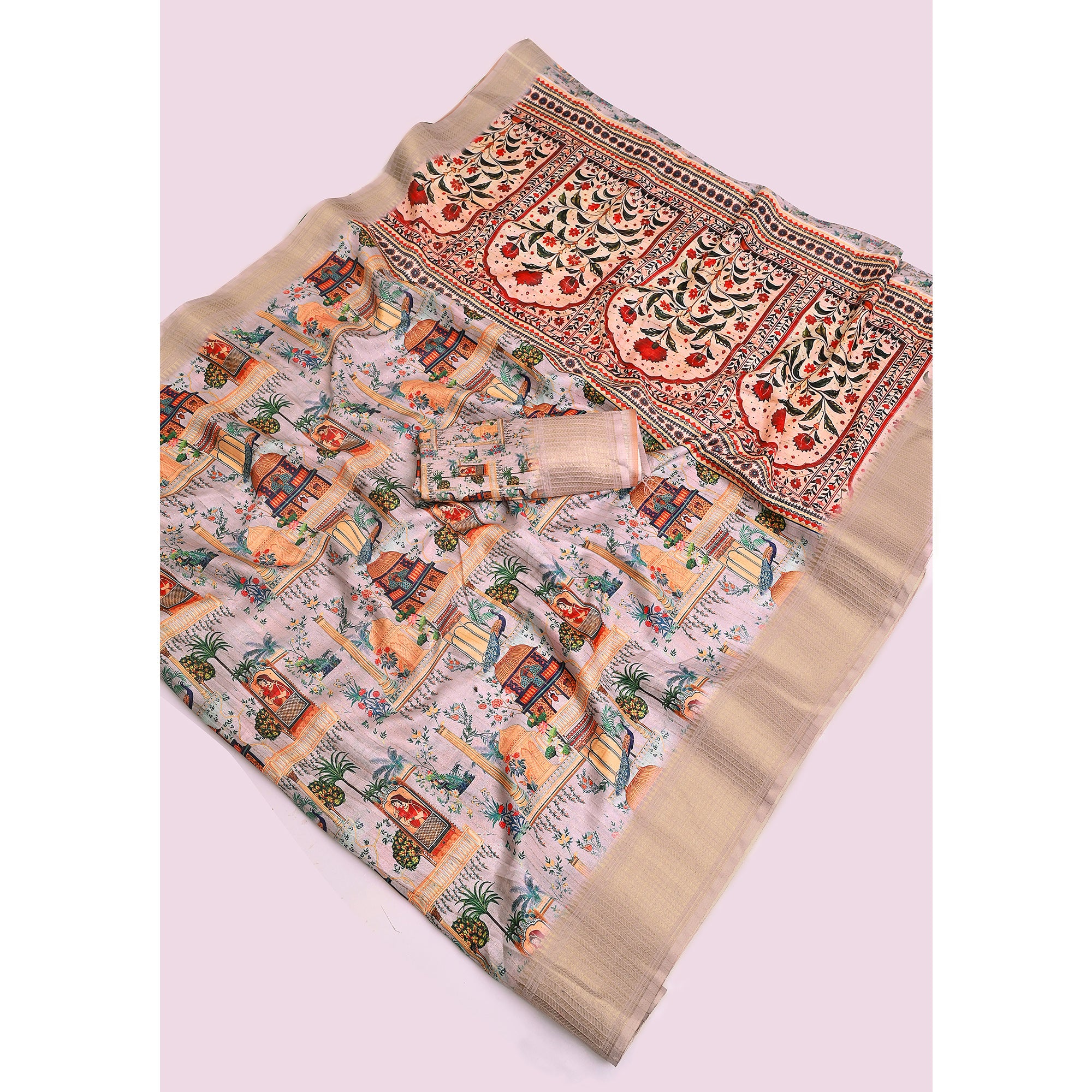 Light Grey Floral Printed Dola Silk Saree With Elegant Silver Zari & Intricate Weaving Border