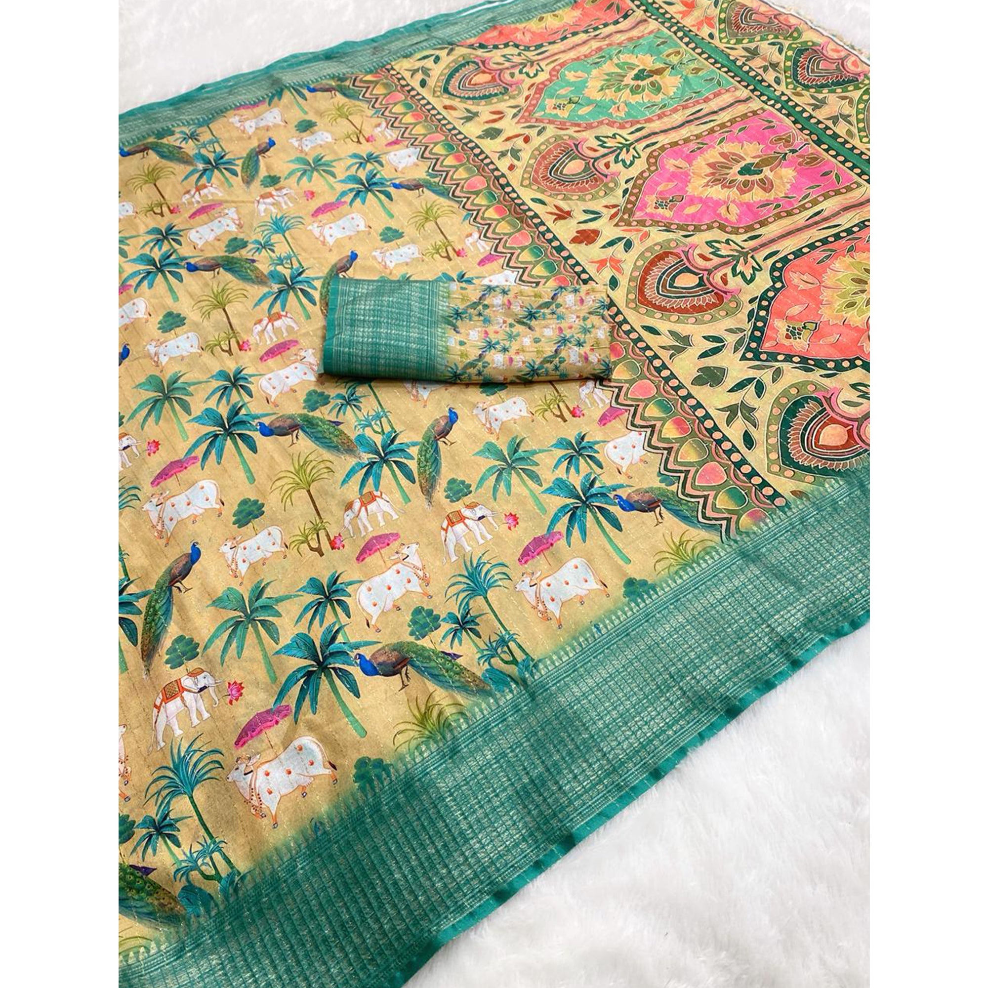 Mustard Beige Floral Printed Dola Silk Saree With Elegant Silver Zari & Intricate Weaving Border