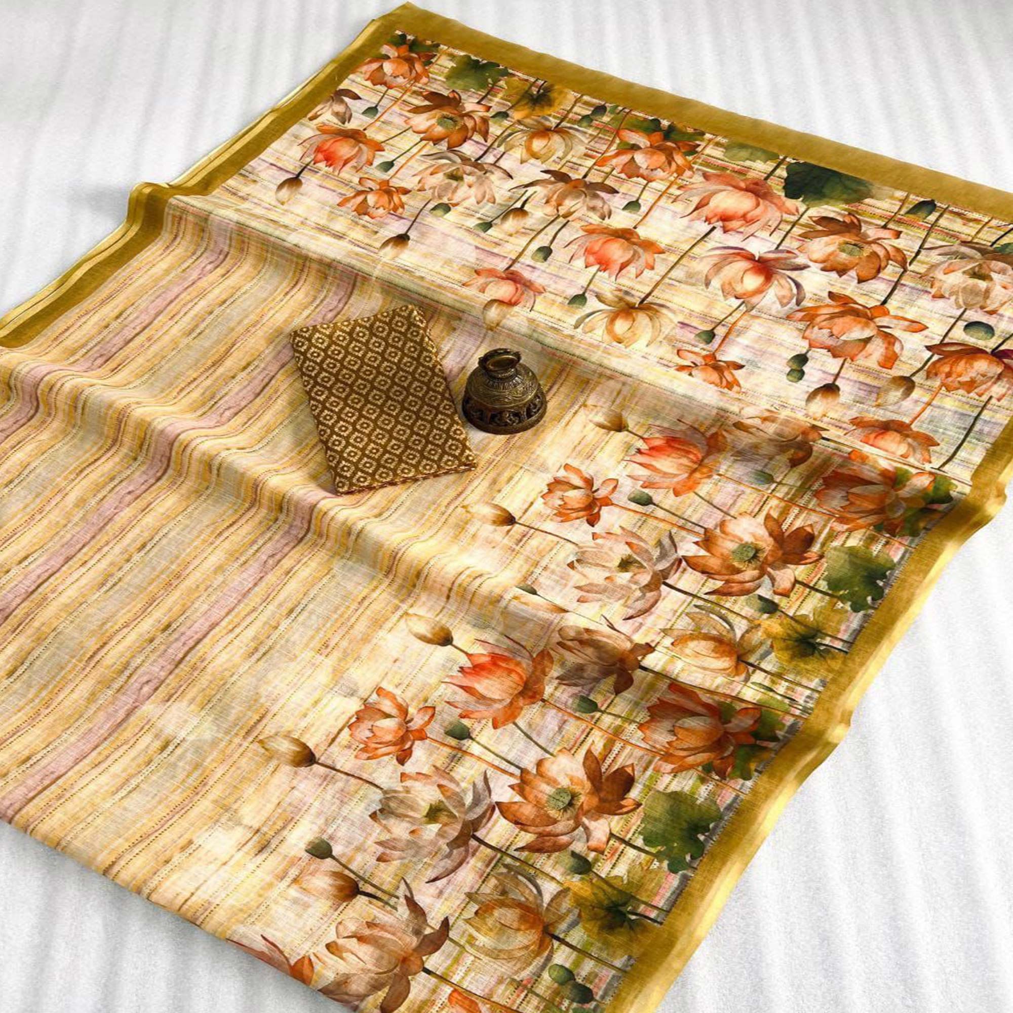 Beige Floral Printed Linen Saree