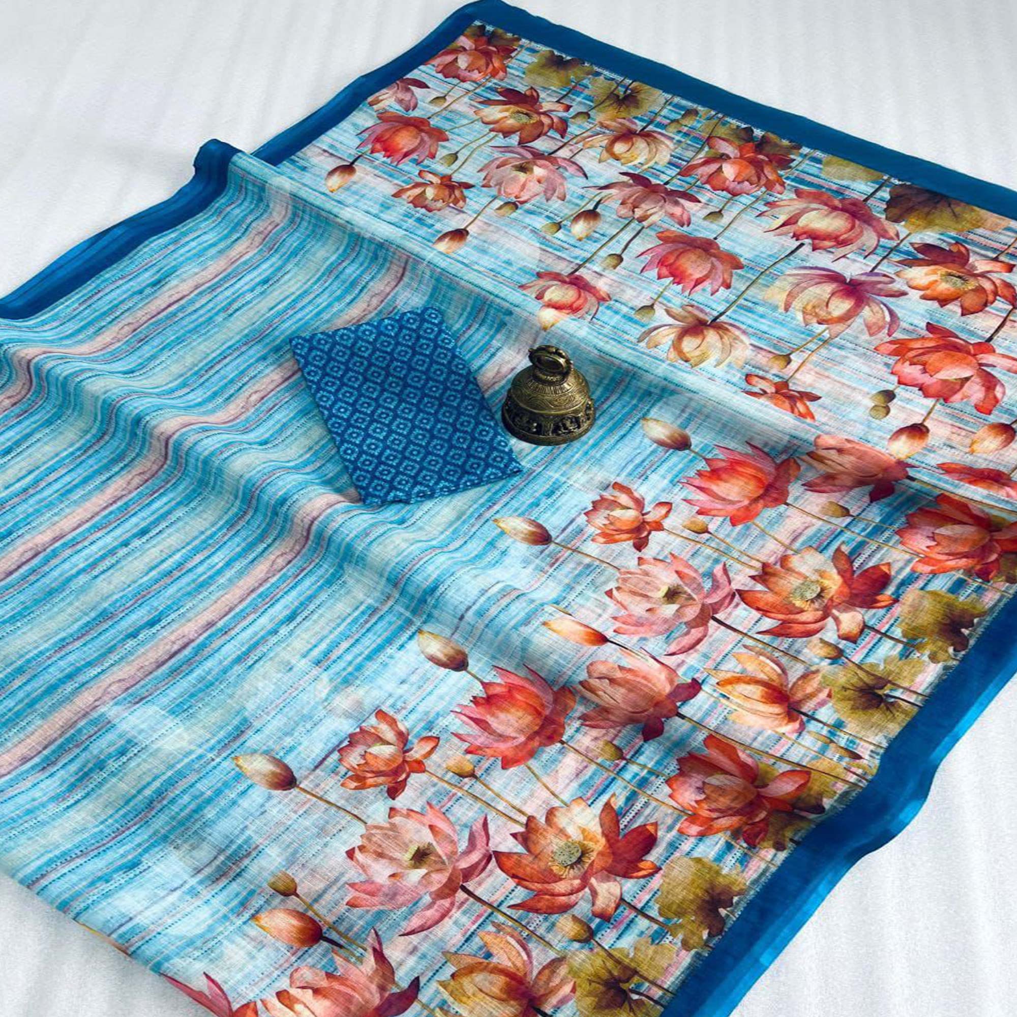 Blue Floral Printed Linen Saree