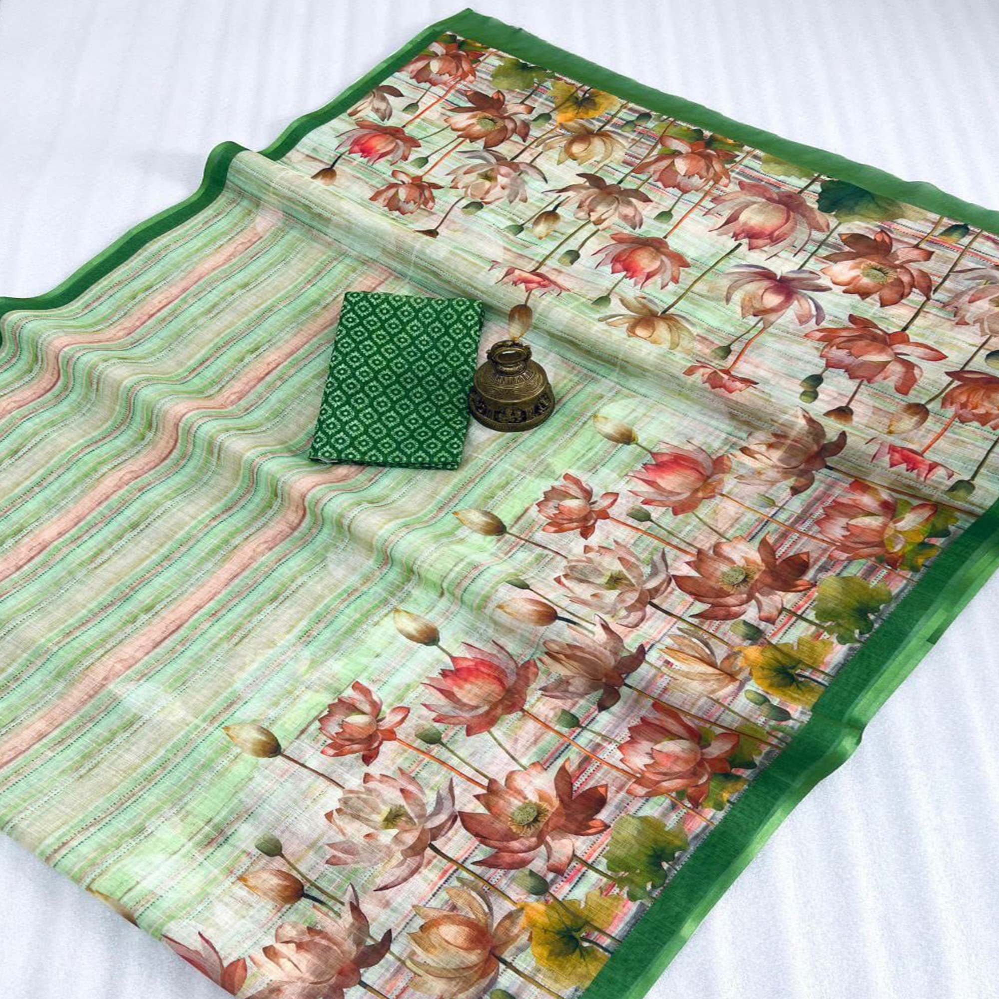 Green Floral Printed Linen Saree