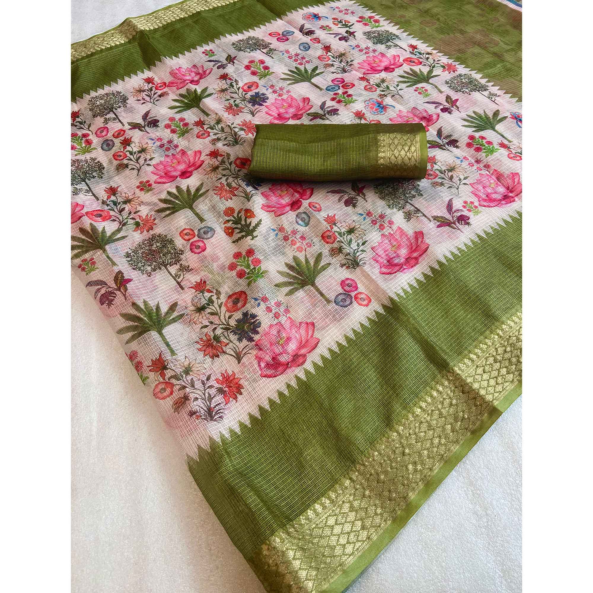 White & Green Floral Printed Kota Doria Saree
