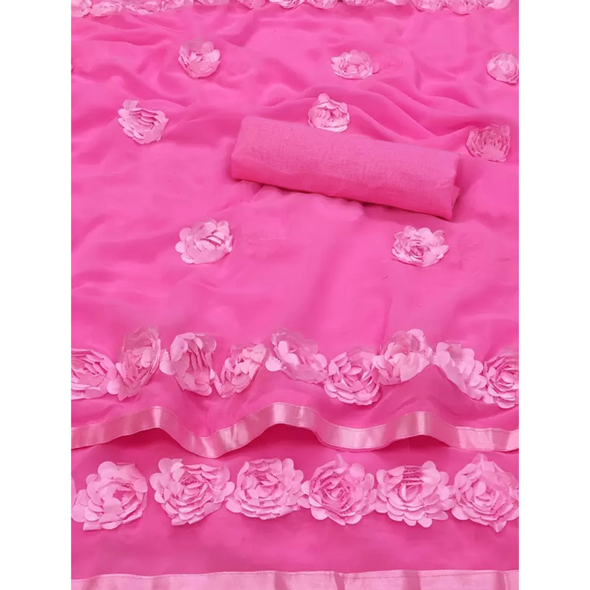 Pink Ribbon Flower Embroidered Georgette Saree