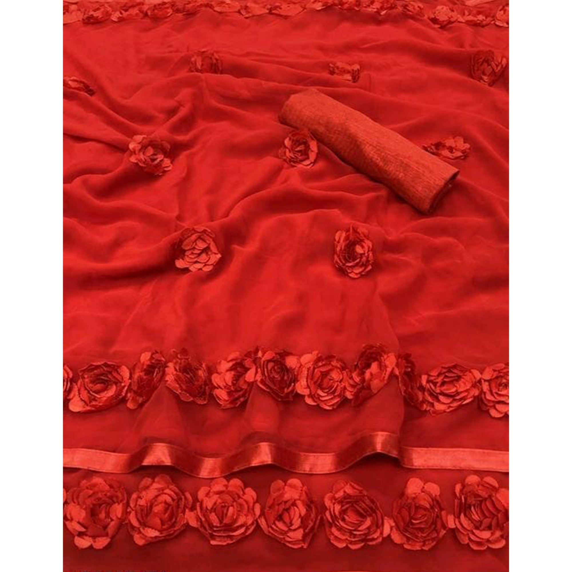 Red Ribbon Flower Embroidered Georgette Saree