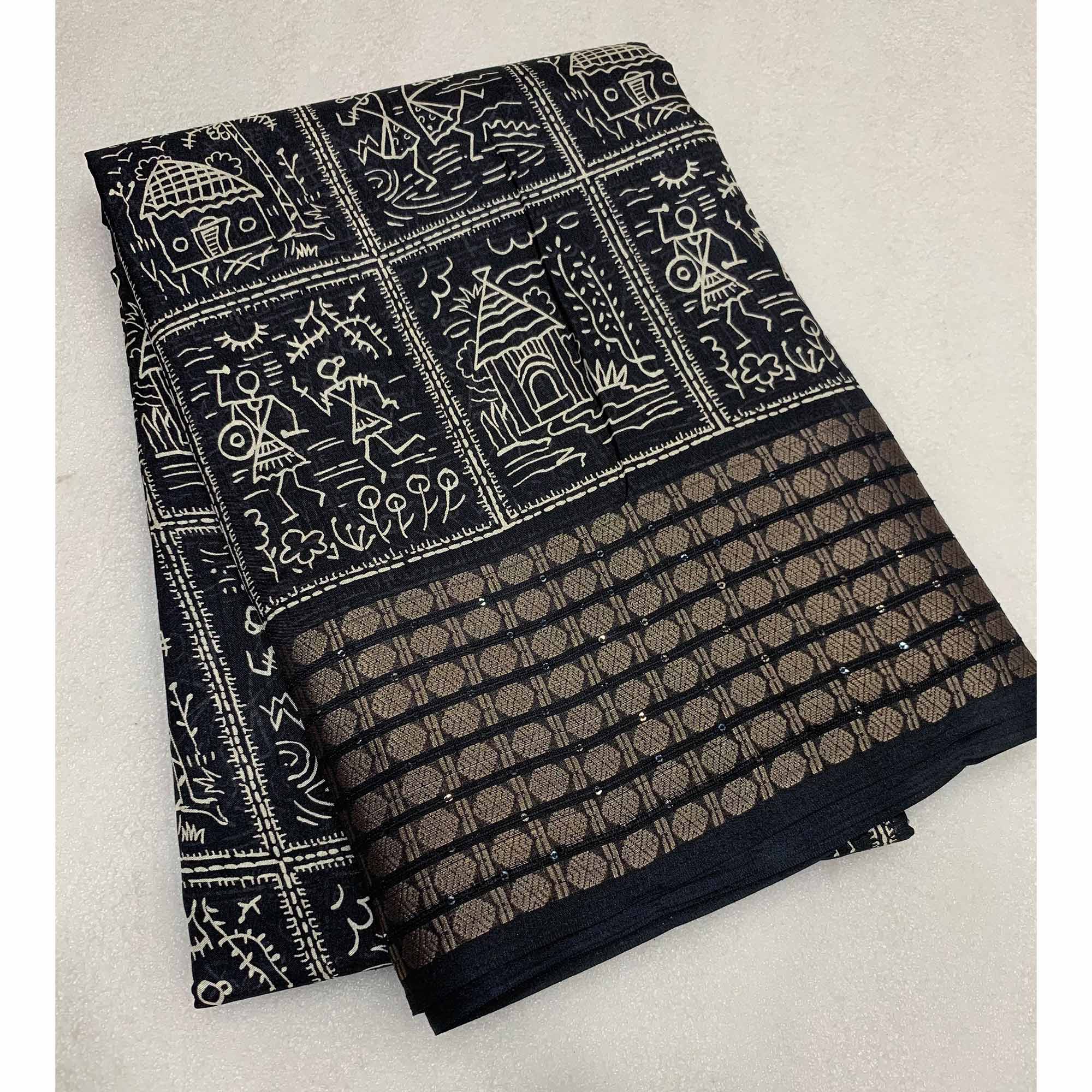 Black Warli Printed Dola Silk Saree With Zari Border