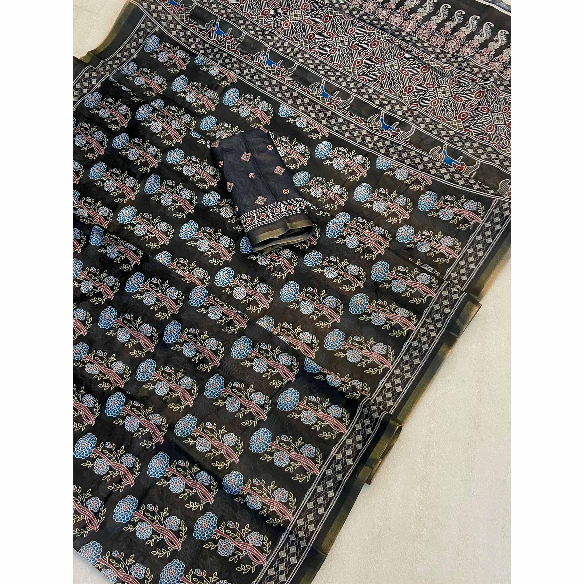 Black Floral Printed Linen Saree With Zari Border