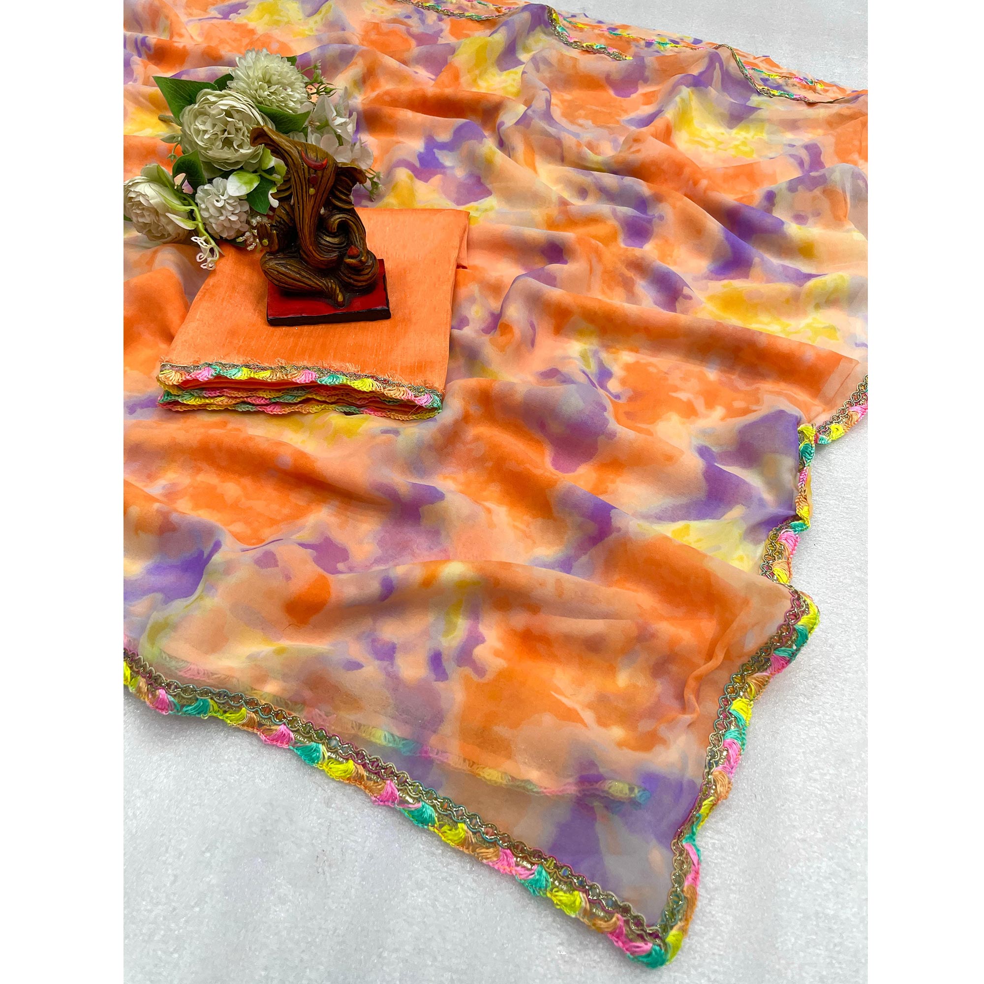 Orange Abstract Printed Georgette Saree