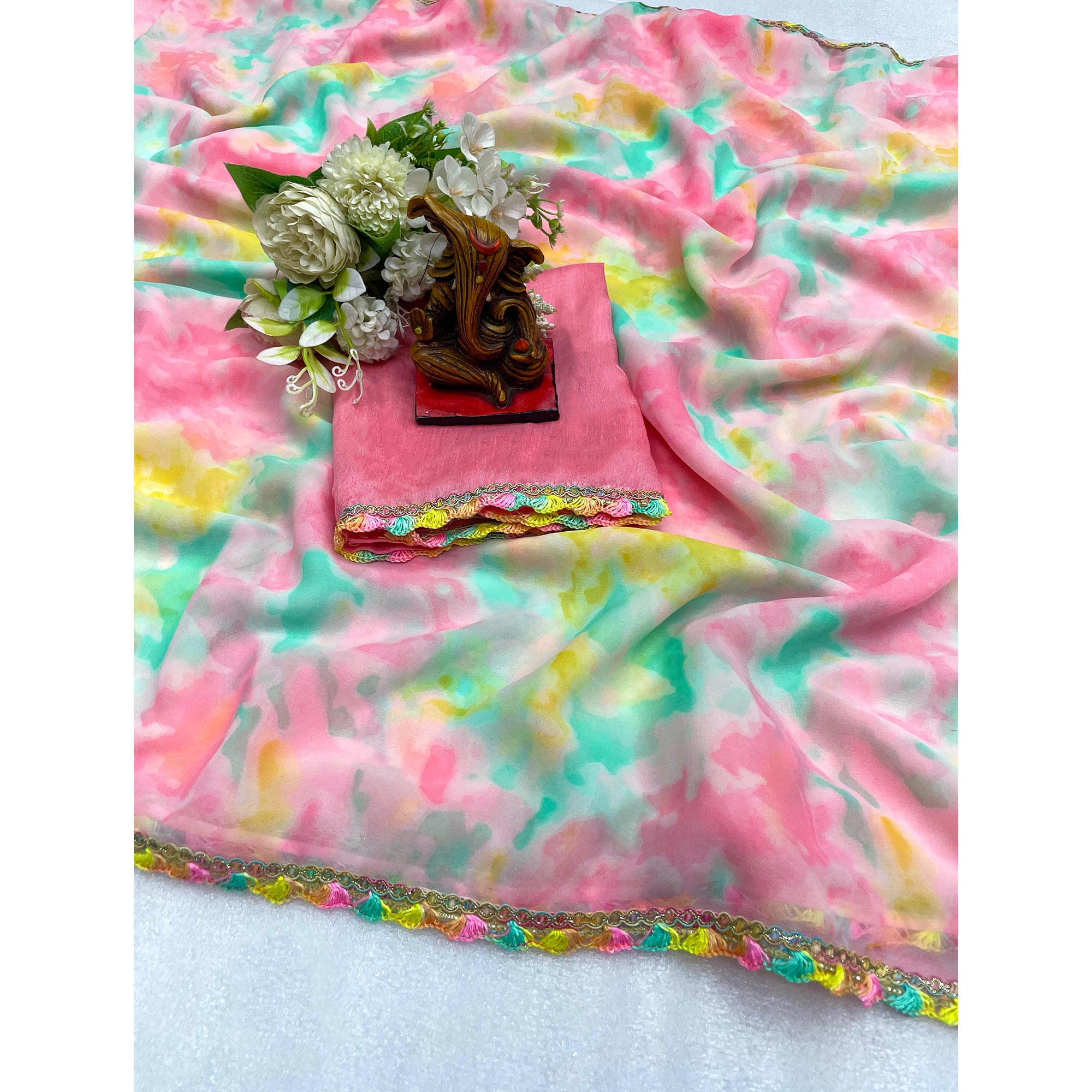 Peach Abstract Printed Georgette Saree