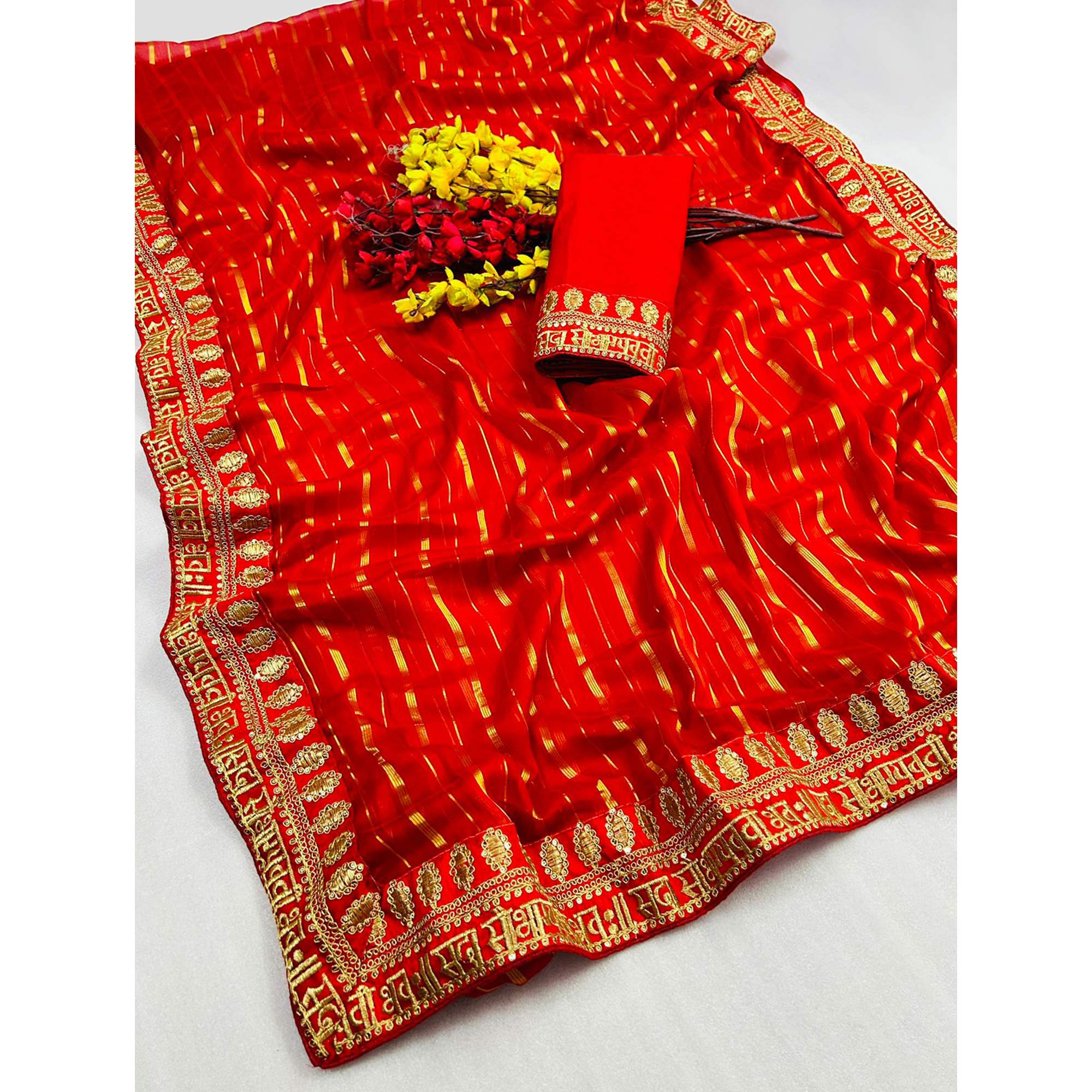 Red Woven Chiffon Saree With Embroidered Border