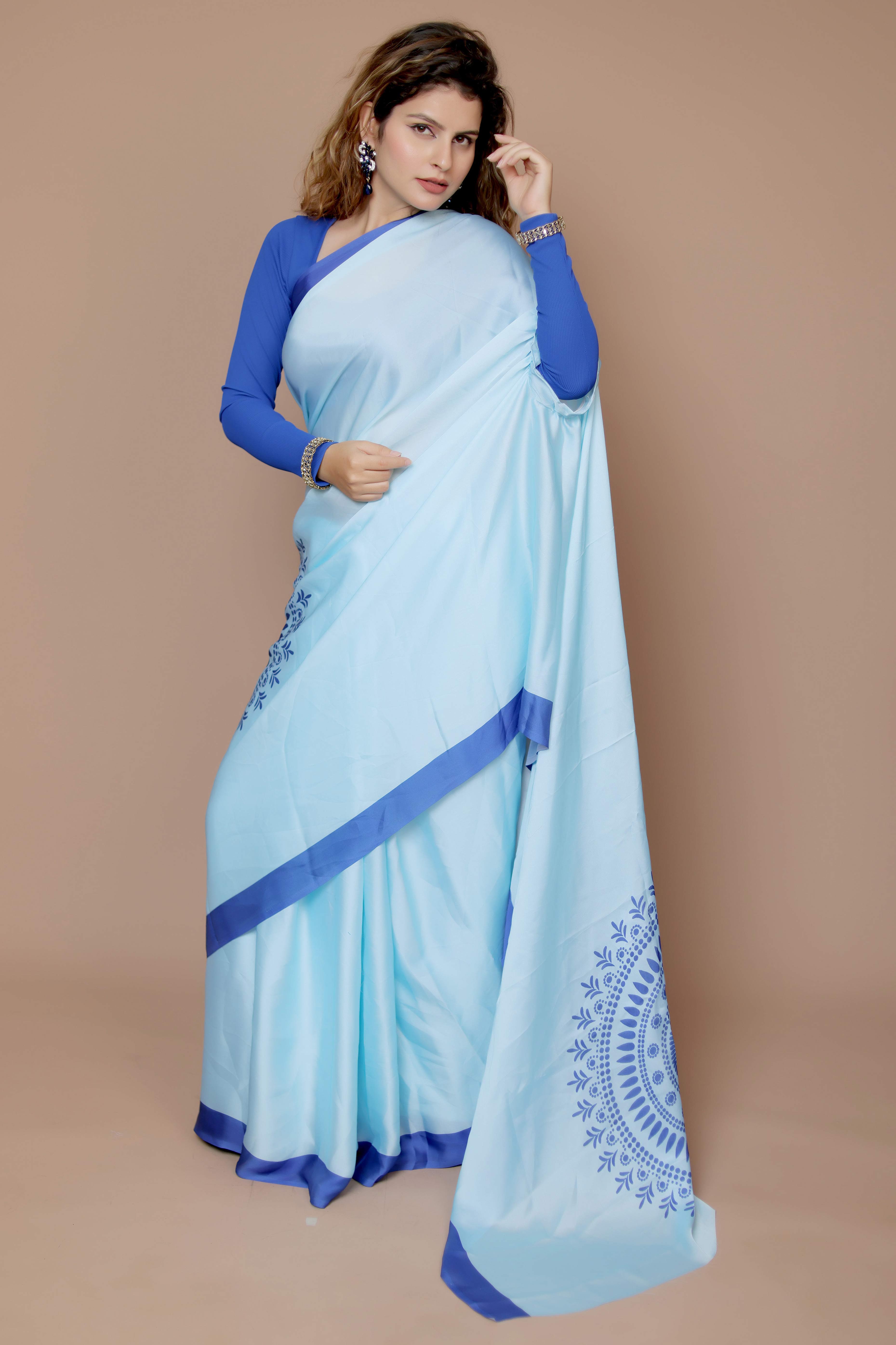 Blue Designer Freehand Saree In Satin Georgette With Striking Digital Print